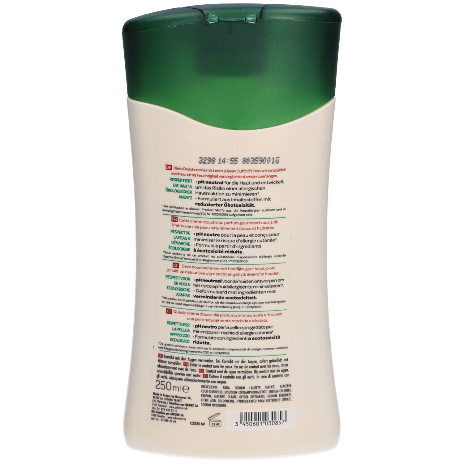 Dos du flacon de gel douche. Texte multilingue. pH neutre. 250ml. Code-barres et informations fabricant.
