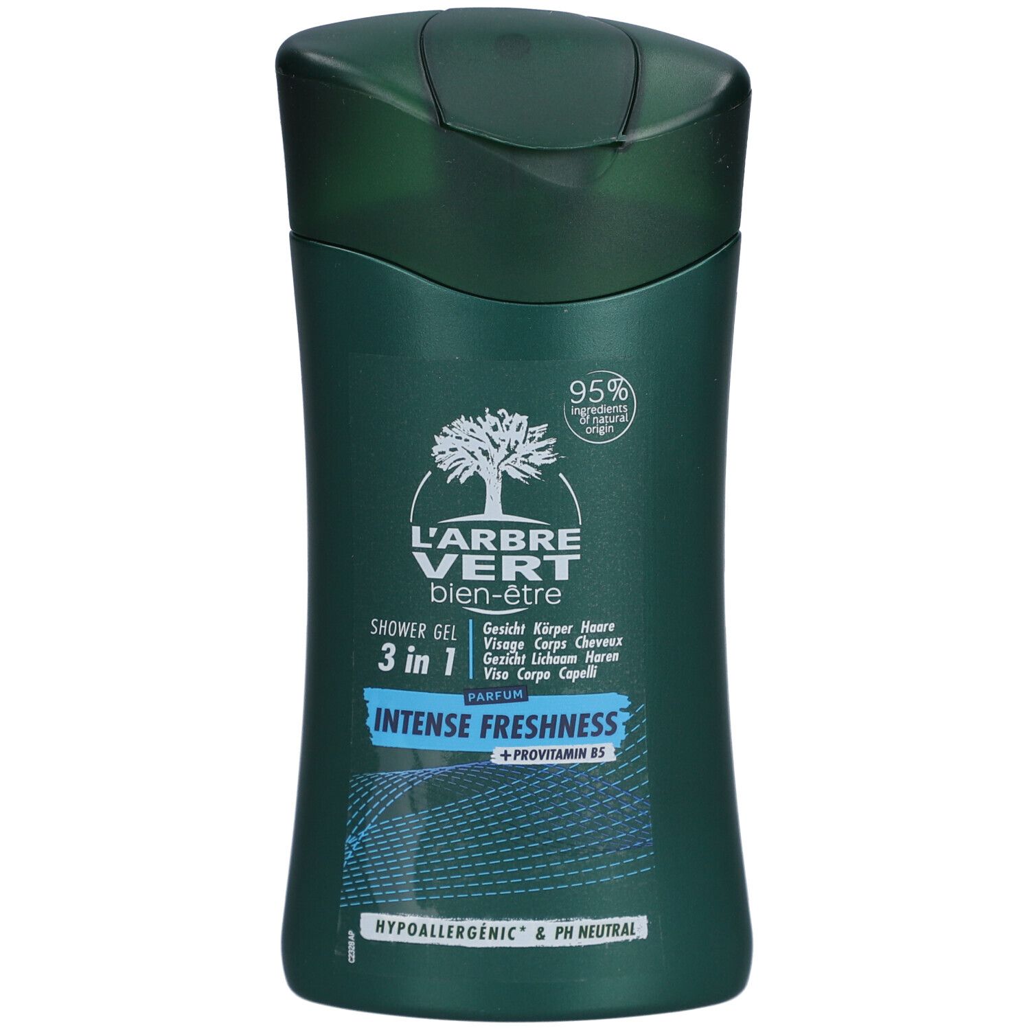 Flacon vert avec logo blanc et texte. Nom du produit: Intense Freshness. Gel douche 3 en 1.