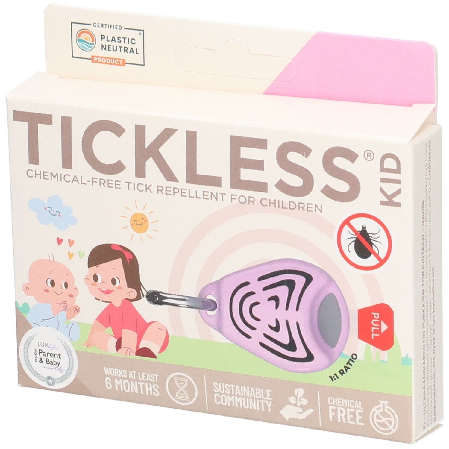 Verpackung für Tickless Kid, ein chemiefreies Zeckenabwehrmittel für Kinder. Enthält ein lila Gerät mit Schlüsselanhänger.