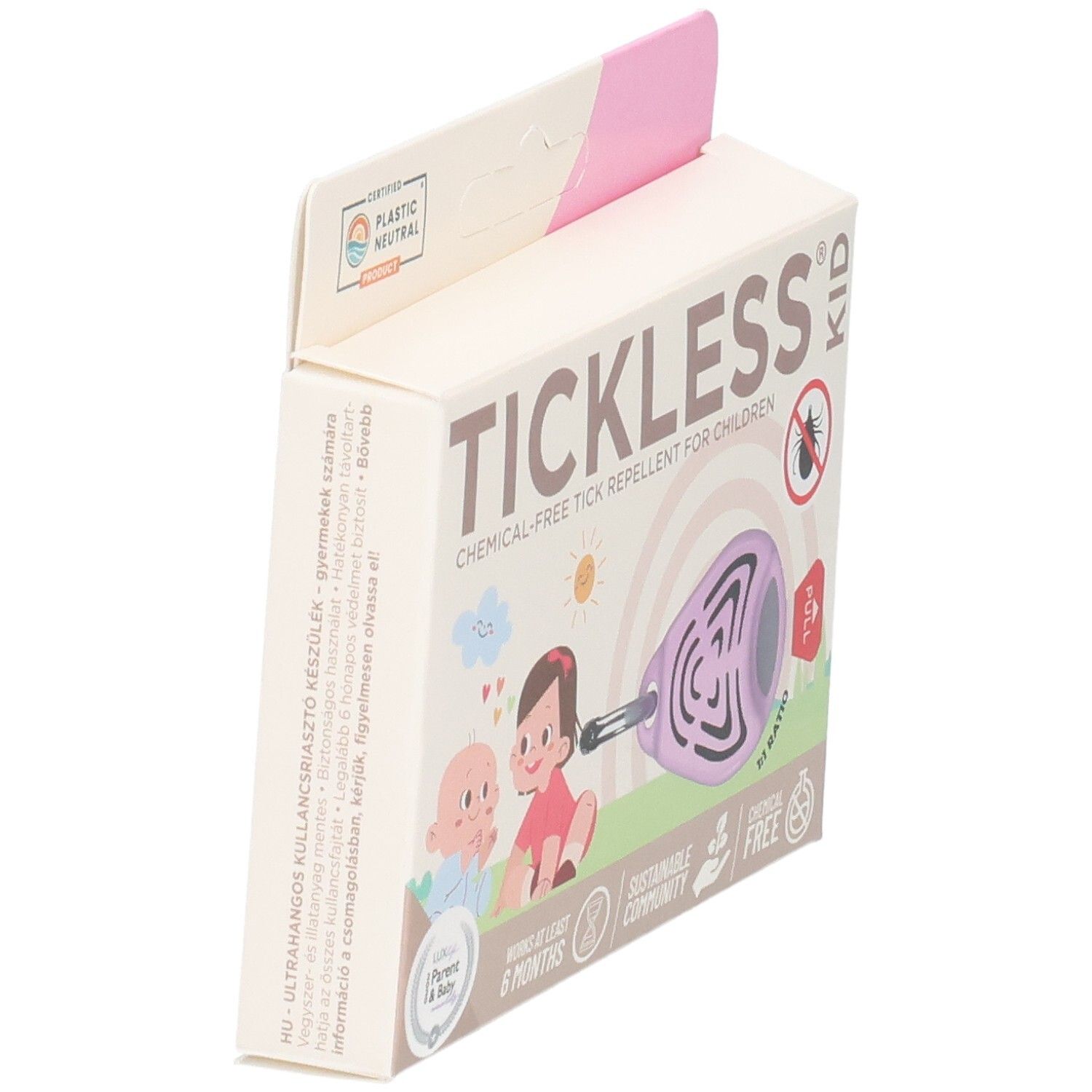Verpackung für Tickless Kid, ein chemiefreies Zeckenabwehrmittel für Kinder. Zeigt Kinder und eine lila Zeckenabwehrscheibe.