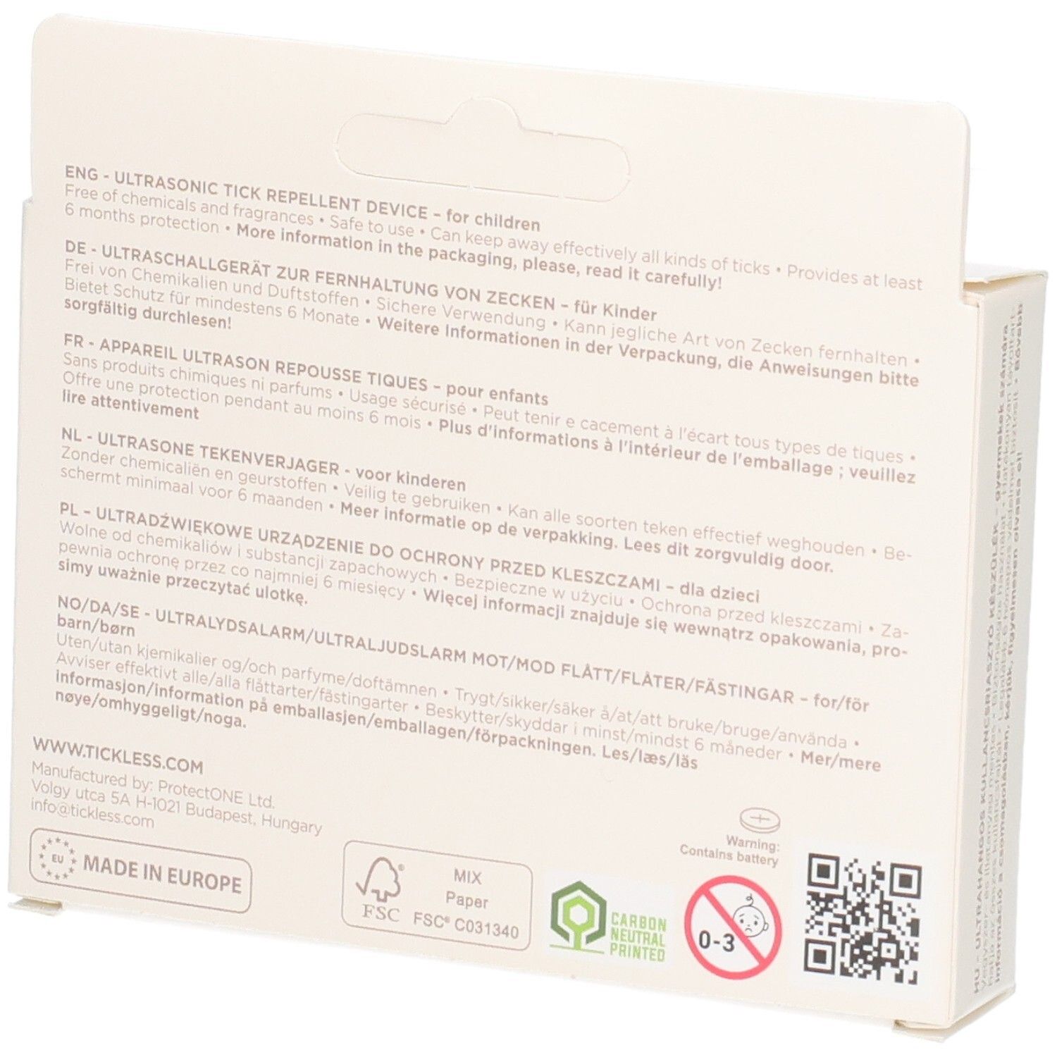 Ultraschall-Zeckenabwehrgerät für Kinder, ohne Chemikalien. Verpackung mit mehrsprachigen Hinweisen.