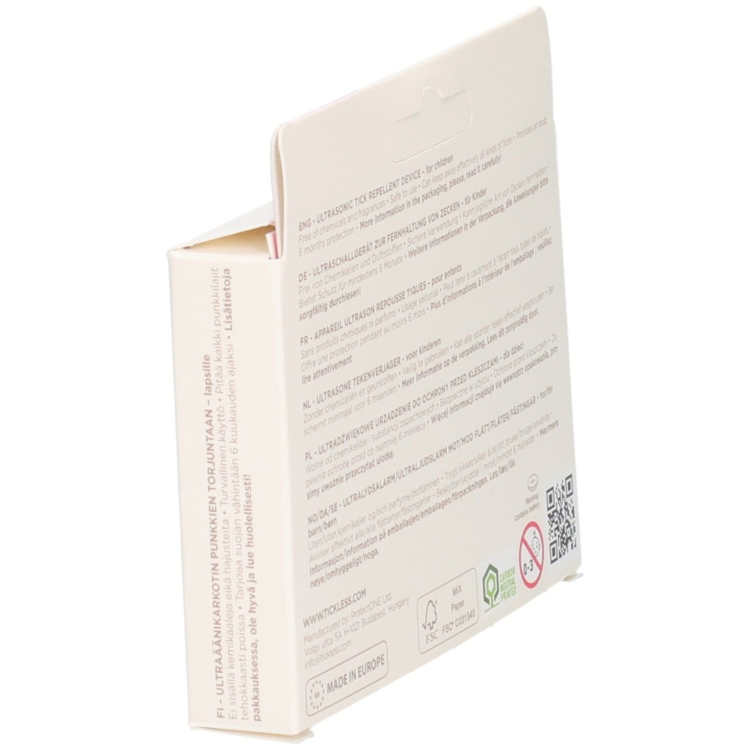 Verpackung eines Ultraschallgeräts mit mehrsprachigen Hinweisen und Umweltzertifizierungen.