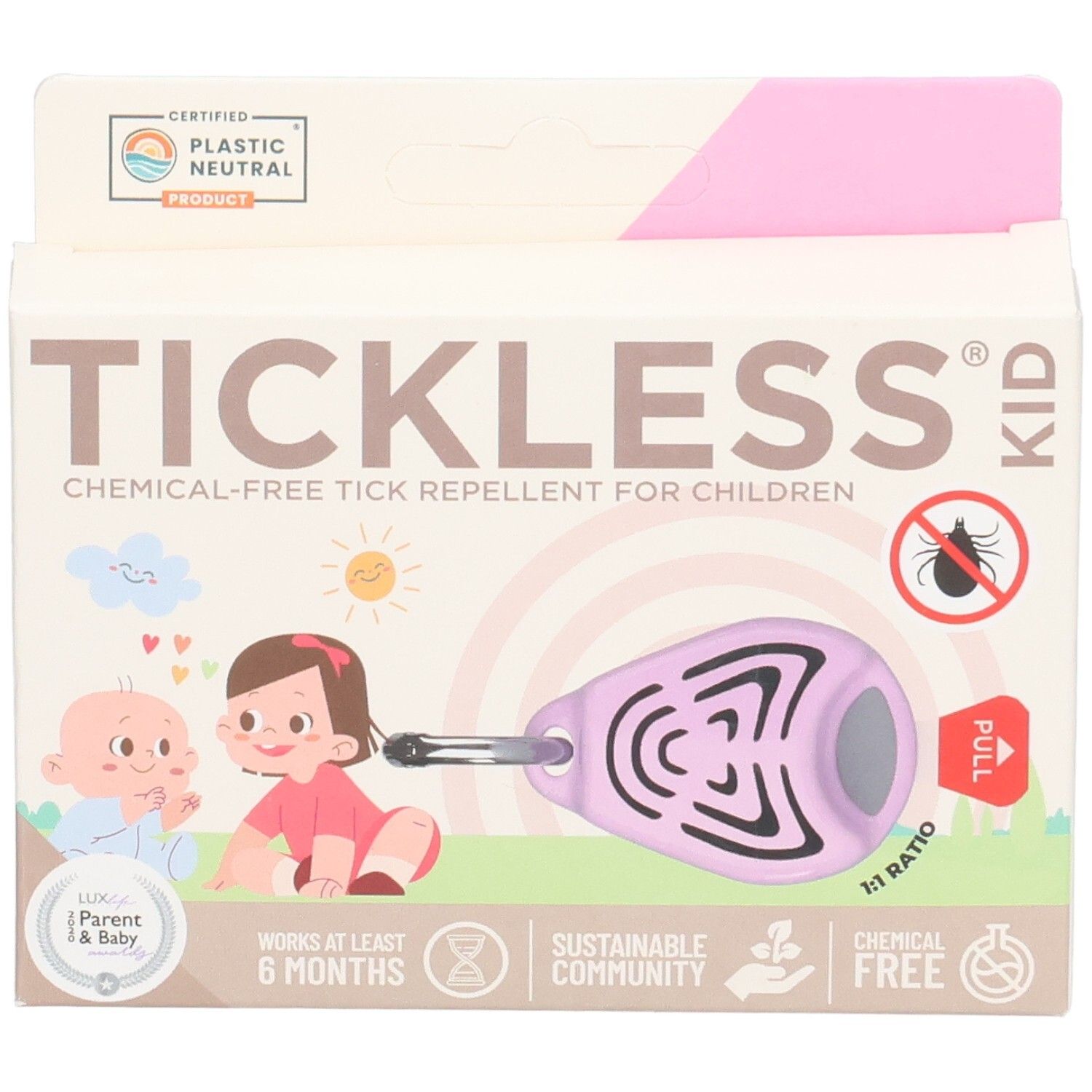 Tickless Kid: Chemiefreier Zecken-Abwehranhänger für Kinder. Lila Anhänger mit Karabinern und "Pull"-Lasche.