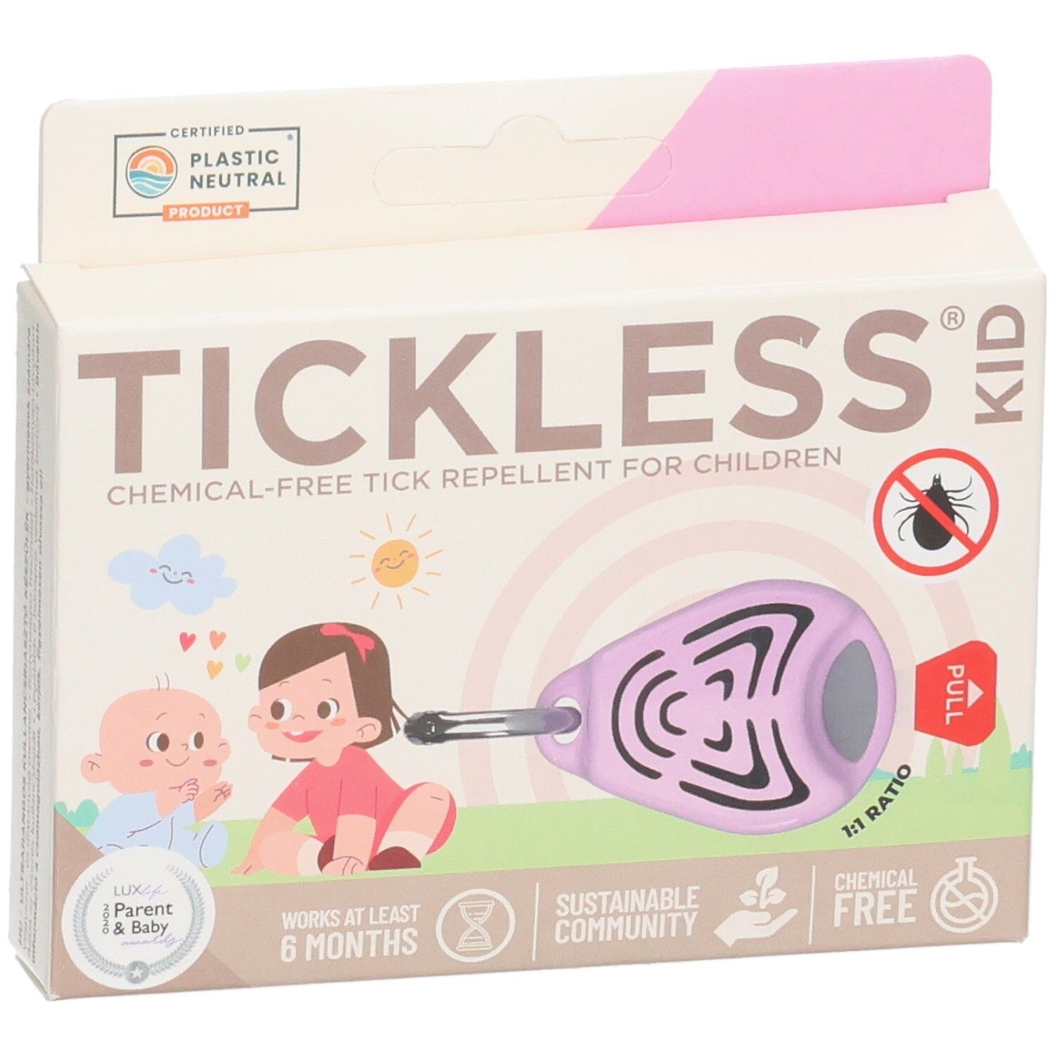 Lila Zeckenabwehr-Anhänger für Kinder, chemiefrei, mit Schlüsselring. Verpackung zeigt Kinder und Sonne.