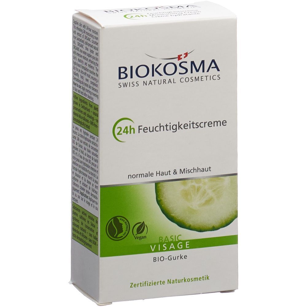 BIOKOSMA-Verpackung. 24h Feuchtigkeitscreme, Bio Gurke. Weiße Schachtel mit grünen Akzenten, Gurkenscheibe.