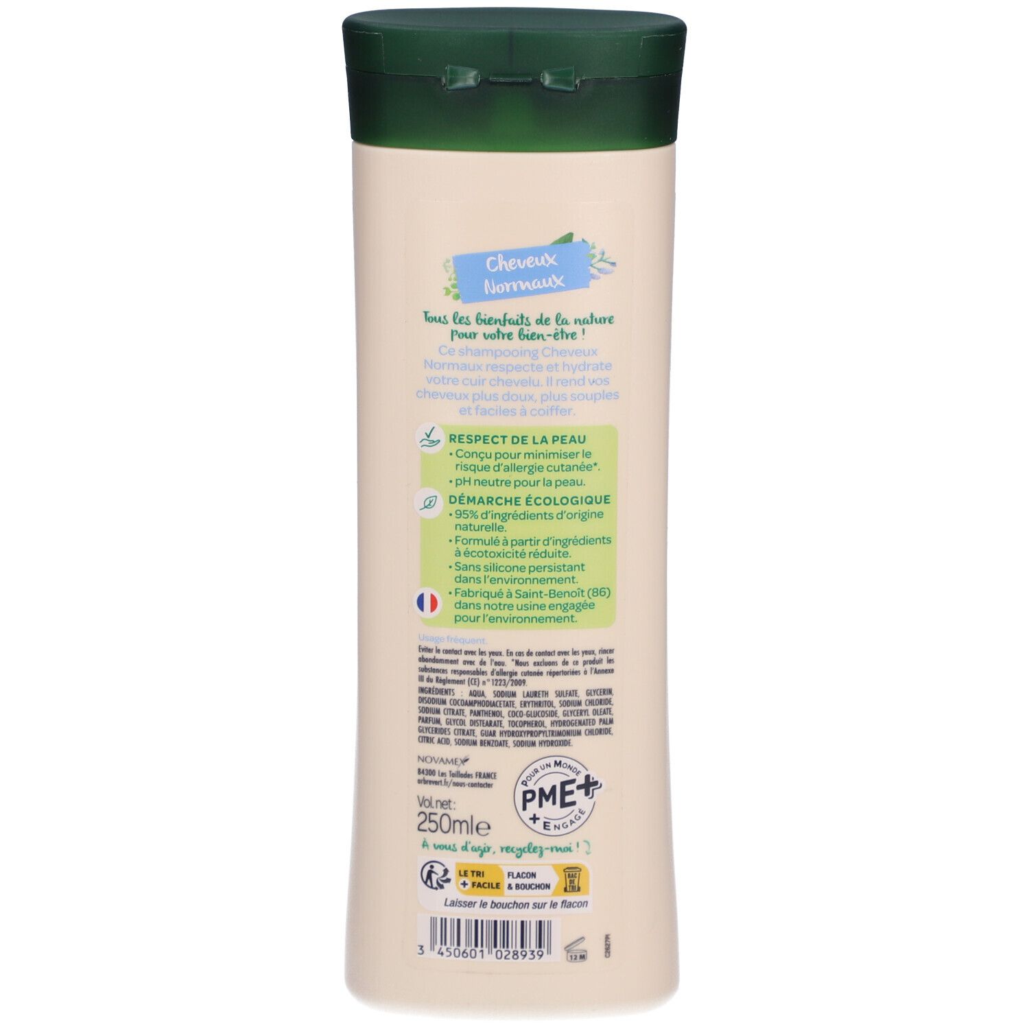Rückseite der Shampoo-Flasche. Text: Cheveux Normaux, RESPECT DE LA PEAU, DÉMARCHE ÉCOLOGIQUE. Mit Inhaltsangaben und Recycling-Symbolen.