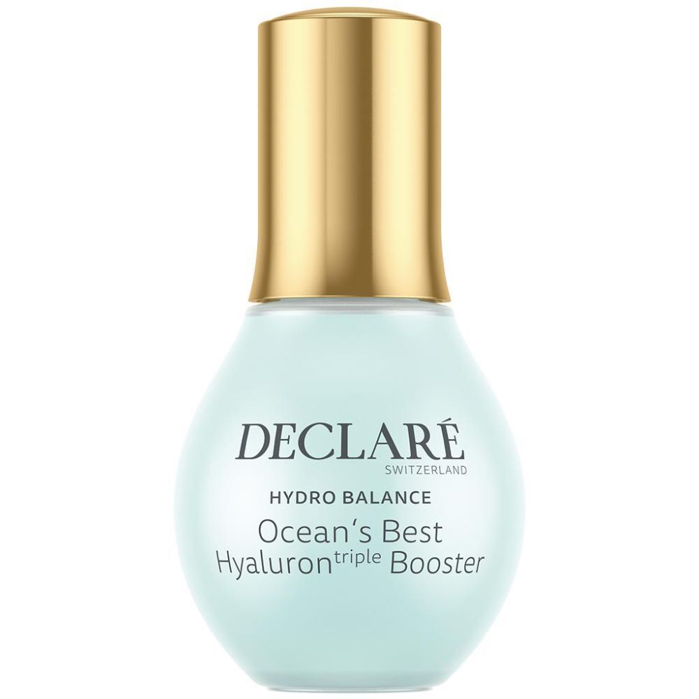 Flacon bleu clair avec bouchon doré. Inscription : DECLARÉ, HYDRO BALANCE, Ocean's Best Hyaluron triple Booster.