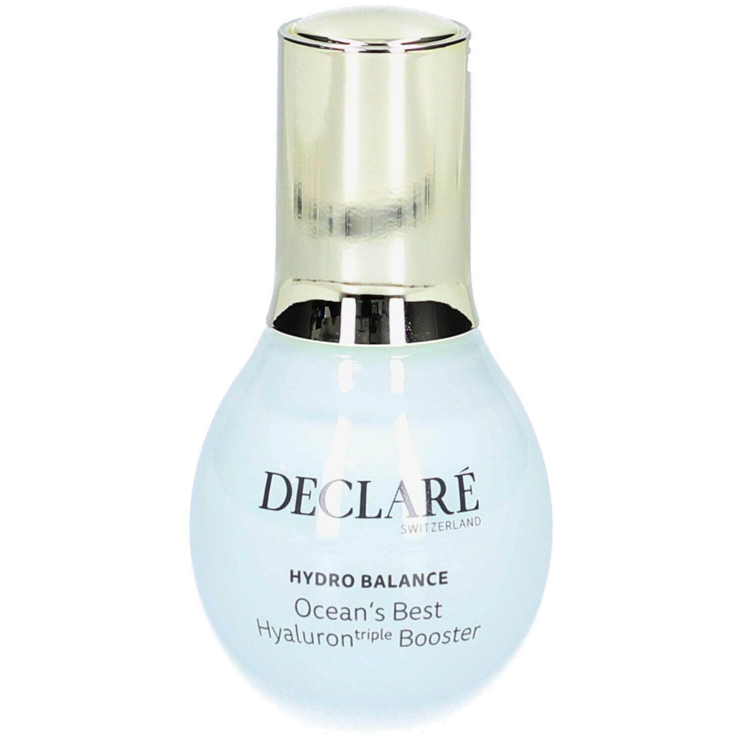 Flacon bleu clair avec bouchon doré. Inscription: DECLARÉ, HYDRO BALANCE, Ocean's Best Hyaluron triple Booster.