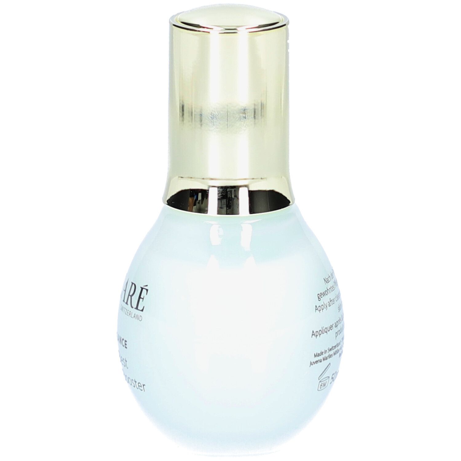 Flacon bleu clair avec bouchon doré. Inscription: DECLARÉ, HYDRO BALANCE, Ocean's Best Hyaluron triple Booster.