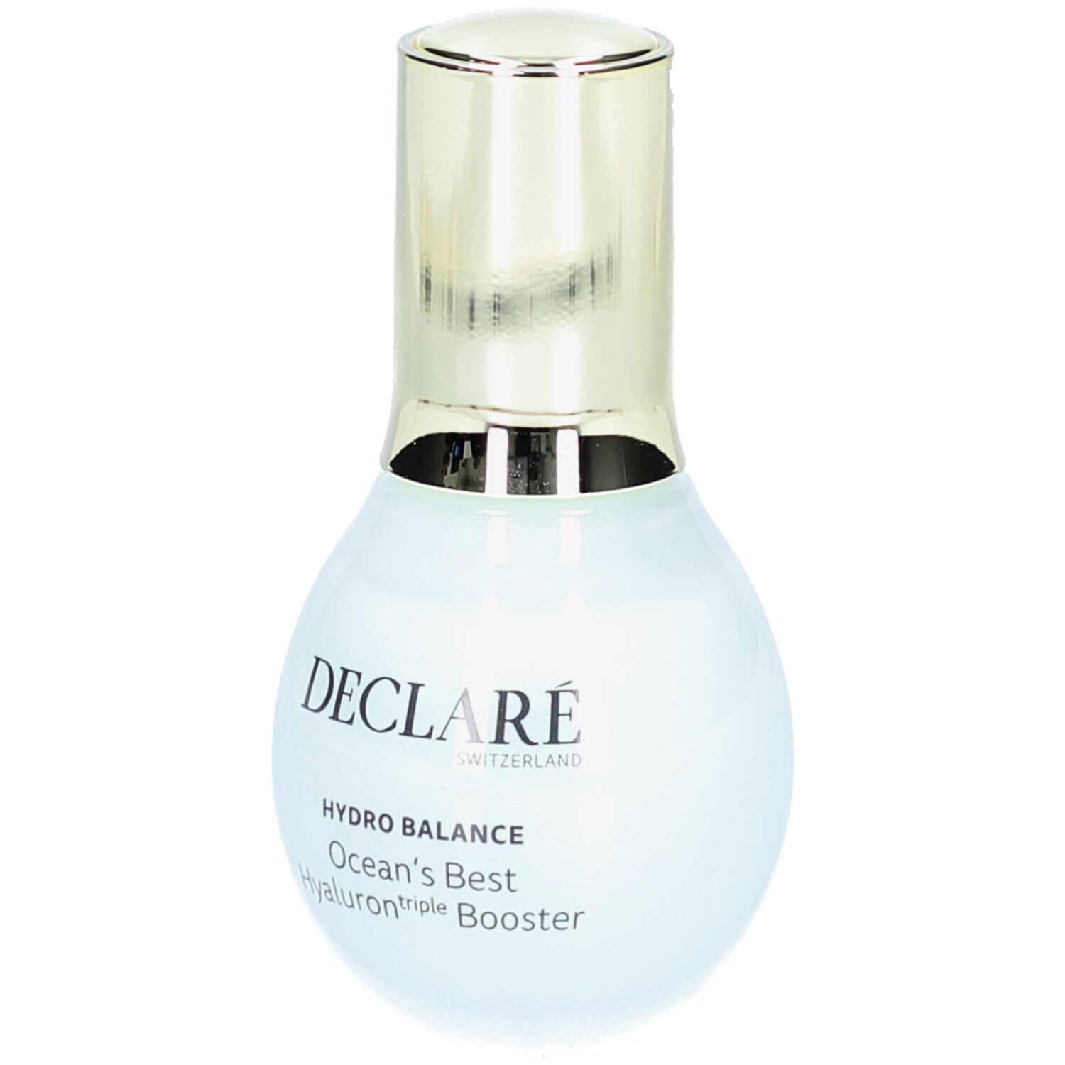 Flacon bleu clair avec bouchon doré. Inscription: DECLARÉ, HYDRO BALANCE, Ocean's Best Hyaluron triple Booster.