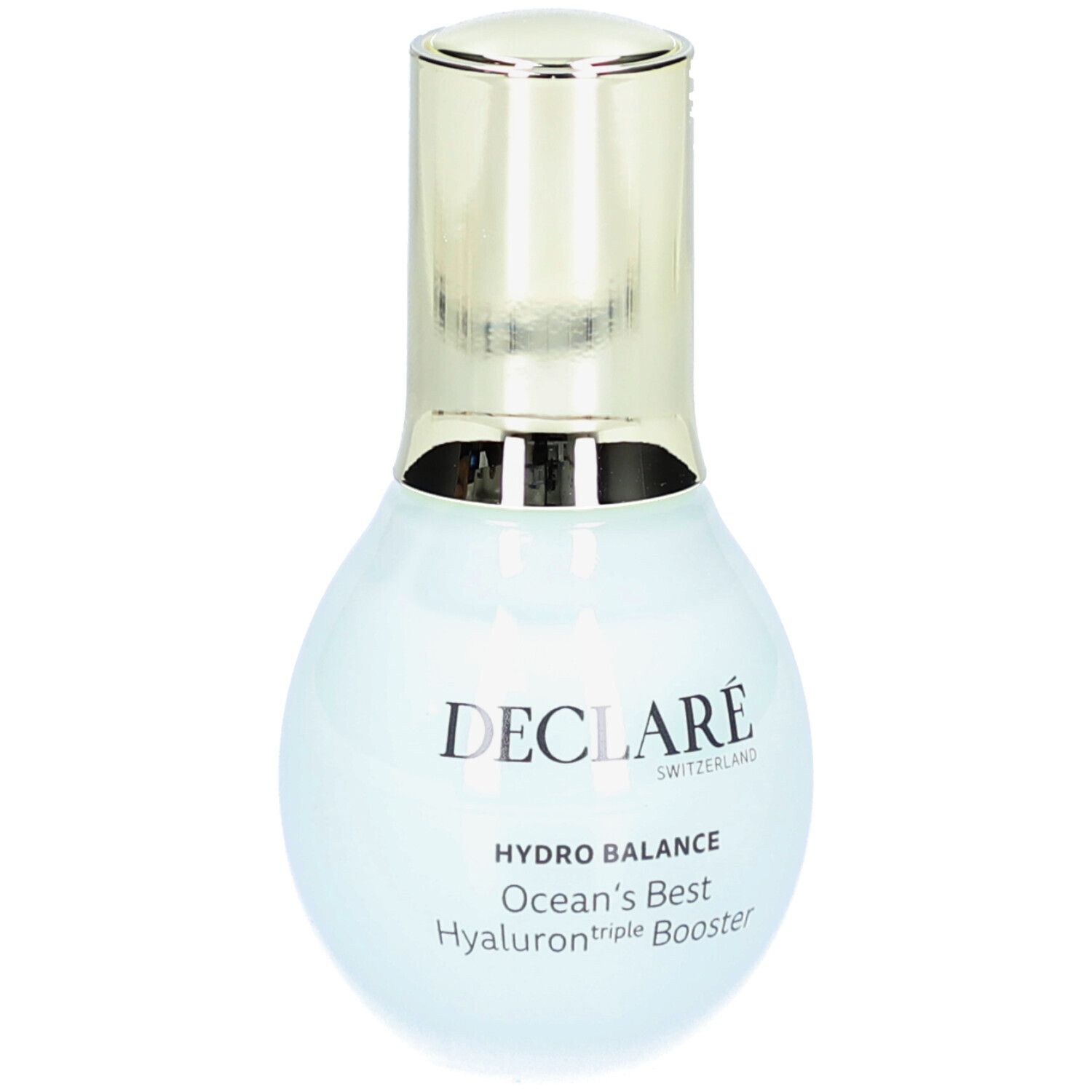 Flacon bleu clair avec bouchon doré. Inscription: DECLARÉ, HYDRO BALANCE, Ocean's Best Hyaluron triple Booster.