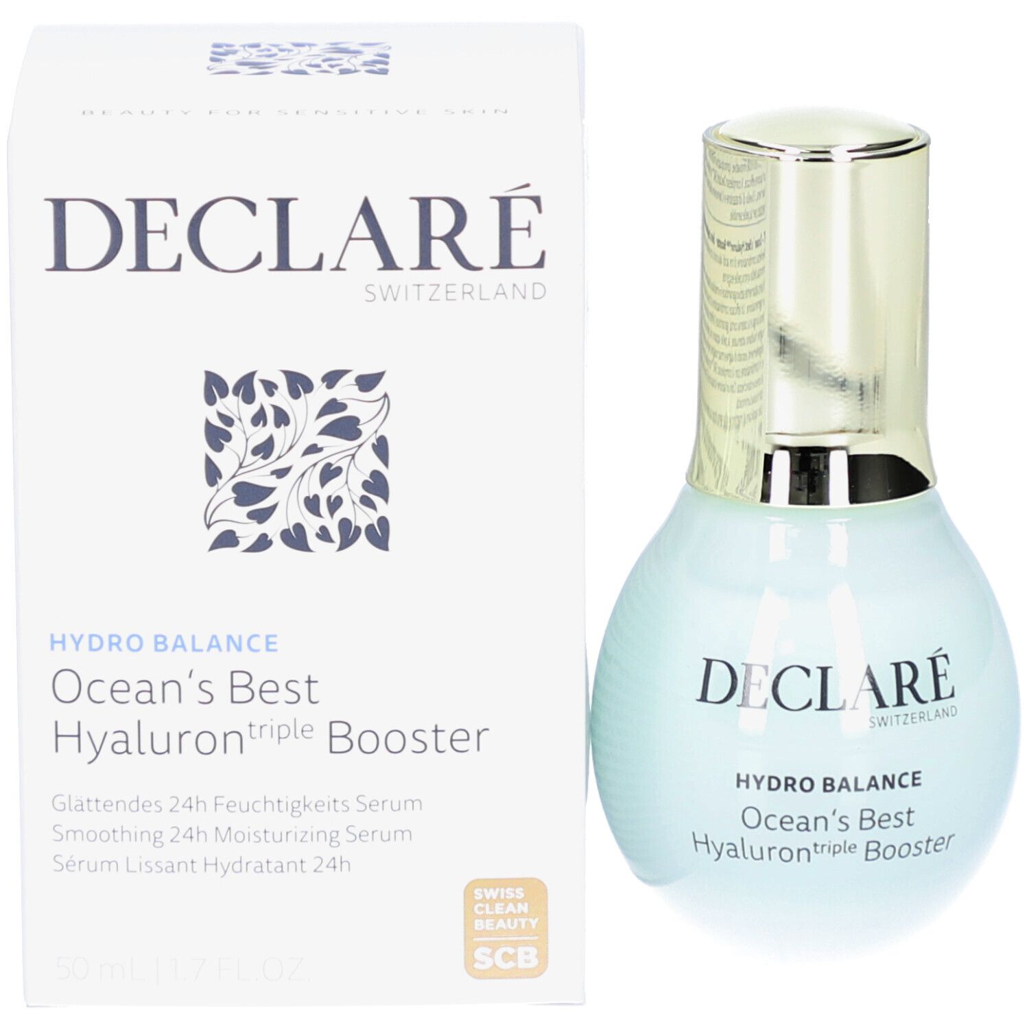 Flacon et emballage du produit. Inscription: DECLARÉ, HYDRO BALANCE, Ocean's Best Hyaluron triple Booster. Avec certification.