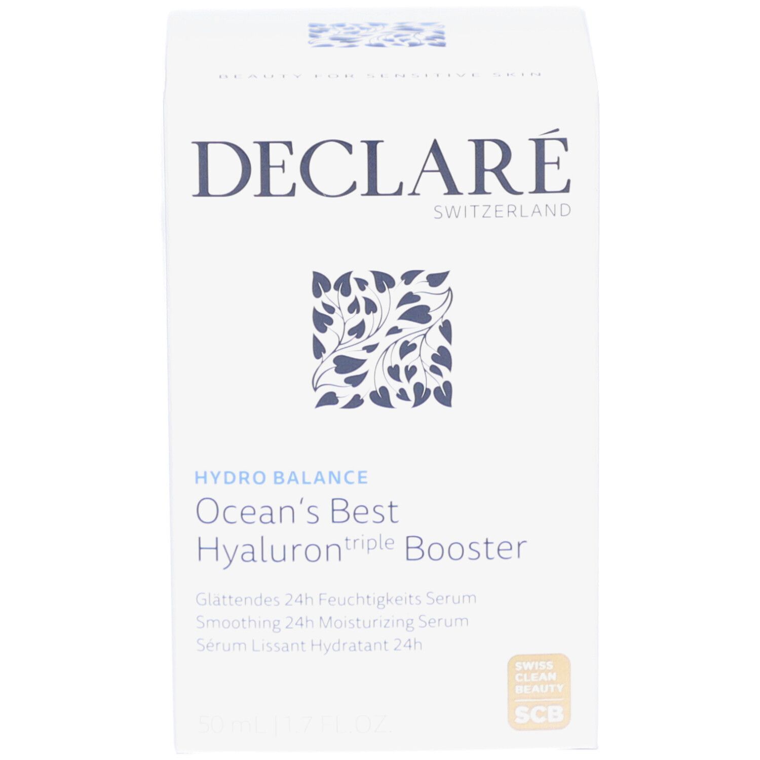 Emballage du produit. Inscription: DECLARÉ, HYDRO BALANCE, Ocean's Best Hyaluron triple Booster. Avec certification.
