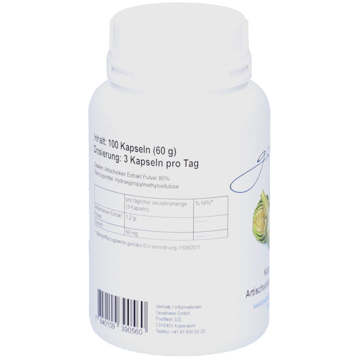 Dos du flacon blanc. Contient des informations sur les ingrédients et le dosage. Code-barres en bas.