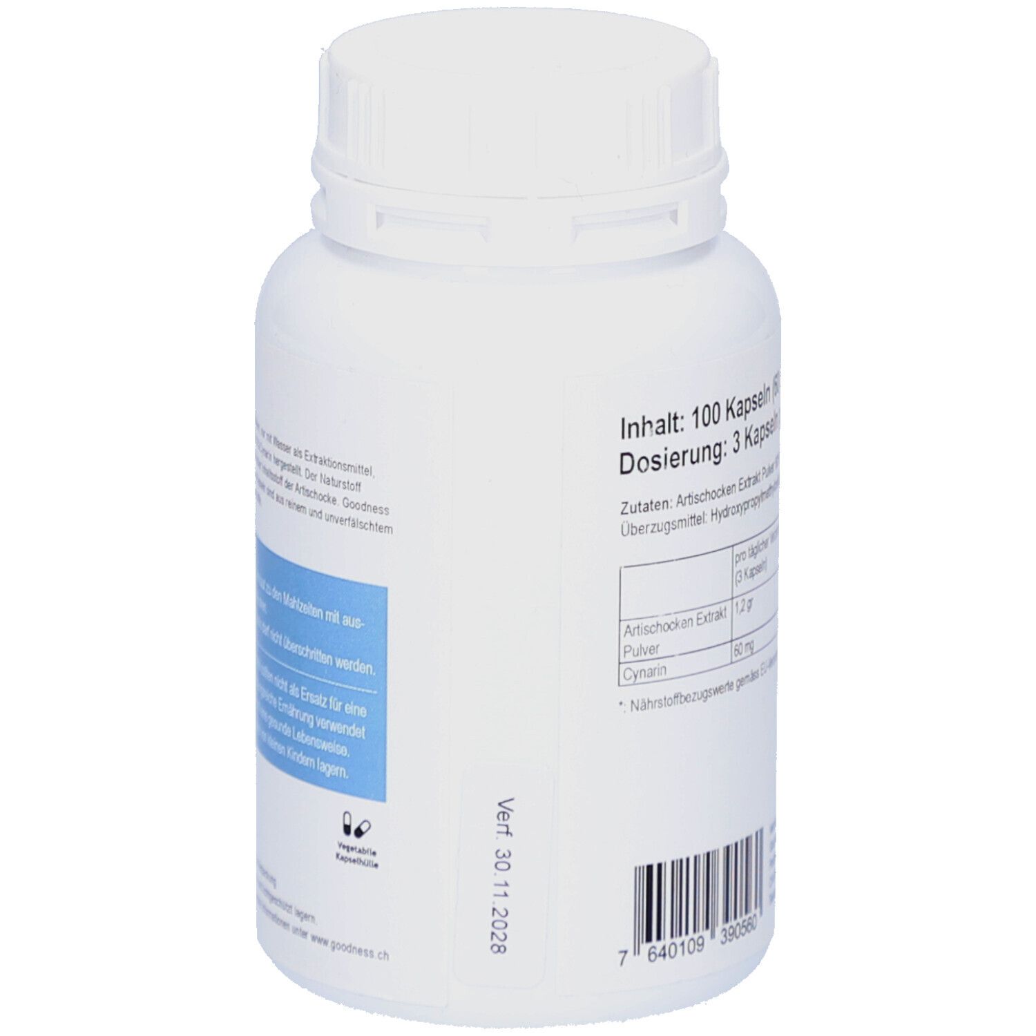 Flacon blanc, vue latérale. Contient des informations sur les ingrédients et le dosage. Code-barres en bas.