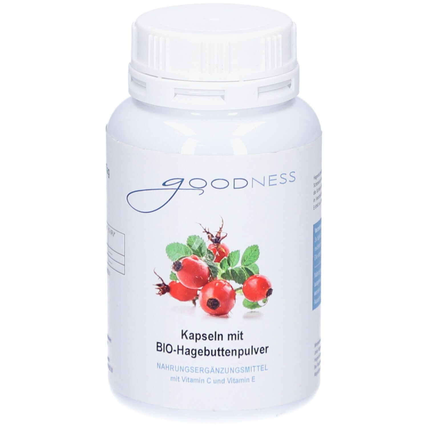 Weiße Flasche mit GOODNESS-Logo und Abbildung von Hagebutten. Beschriftung: Kapseln mit BIO-Hagebuttenpulver.