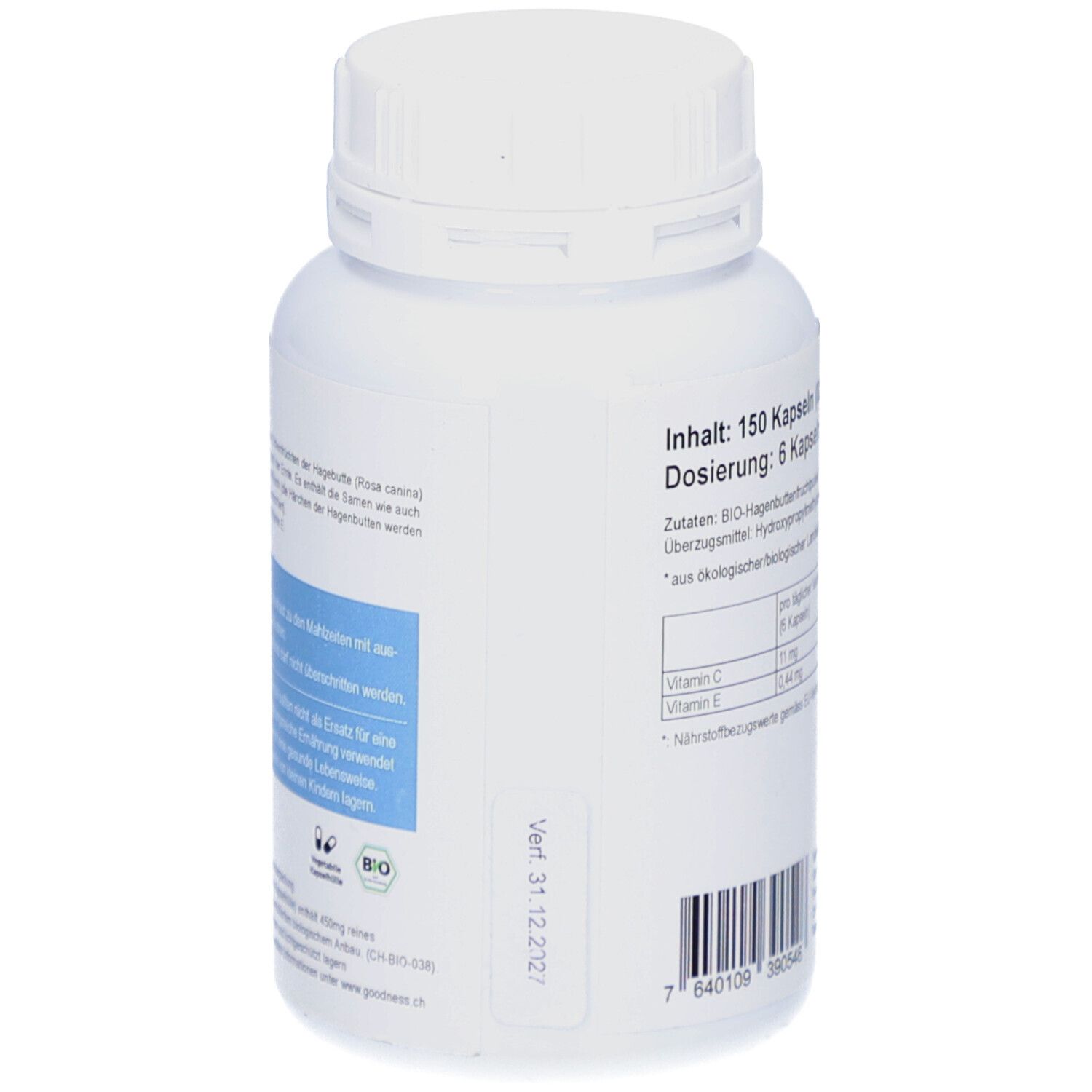 Rückseite der weißen Flasche. Enthält Informationen zu Inhaltsstoffen und Haltbarkeit. Bio-Siegel.