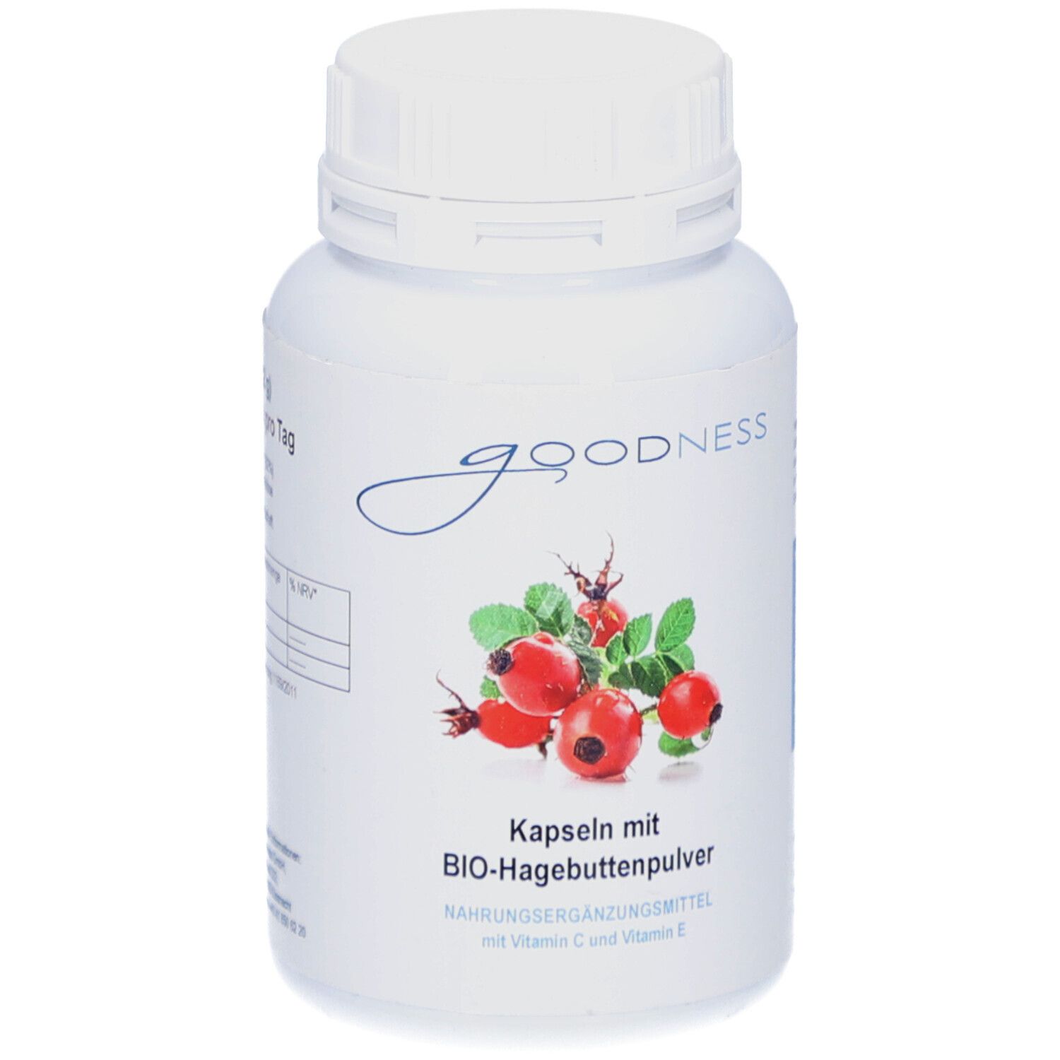 Weiße Flasche mit GOODNESS-Logo und Hagebutten-Abbildung. Beschriftung: Kapseln mit BIO-Hagebuttenpulver.