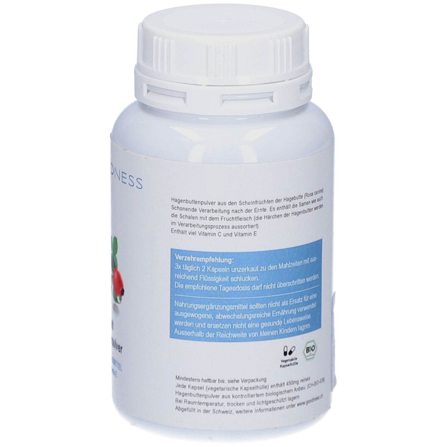 Rückseite der weißen Flasche. Text über Hagebuttenpulver, Verzehrempfehlung und Inhaltsstoffe. Bio-Siegel.