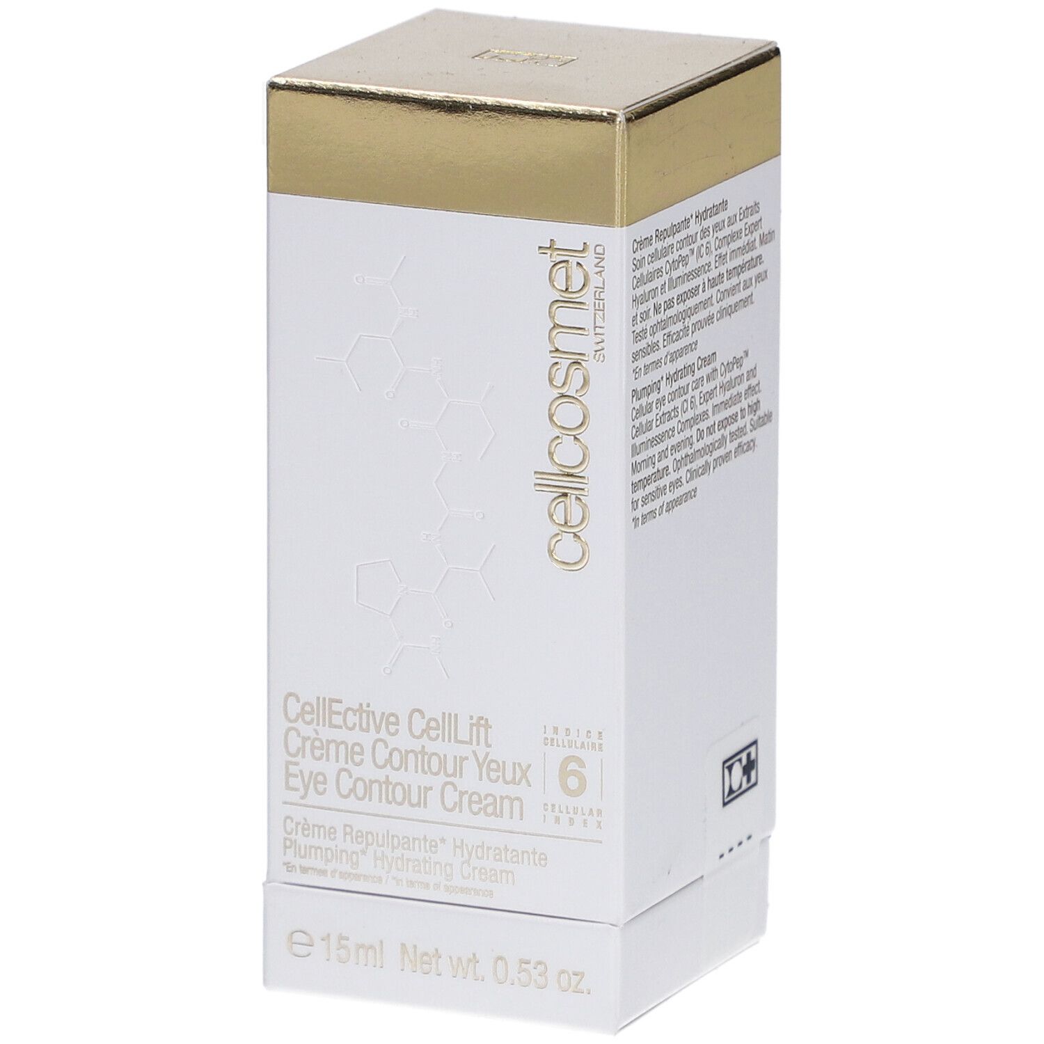 Boîte blanche et dorée. Inscription: Cellcosmet, CellEctive CellLift Crème Contour Yeux Eye Contour Cream.