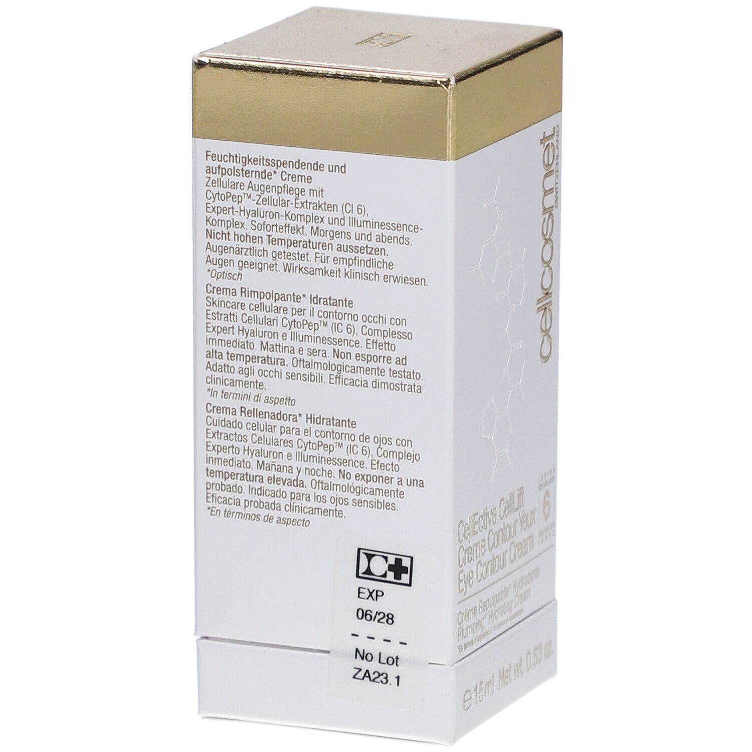 Boîte blanche et dorée. Texte en allemand et italien. Inscription: Cellcosmet, Eye Contour Cream.