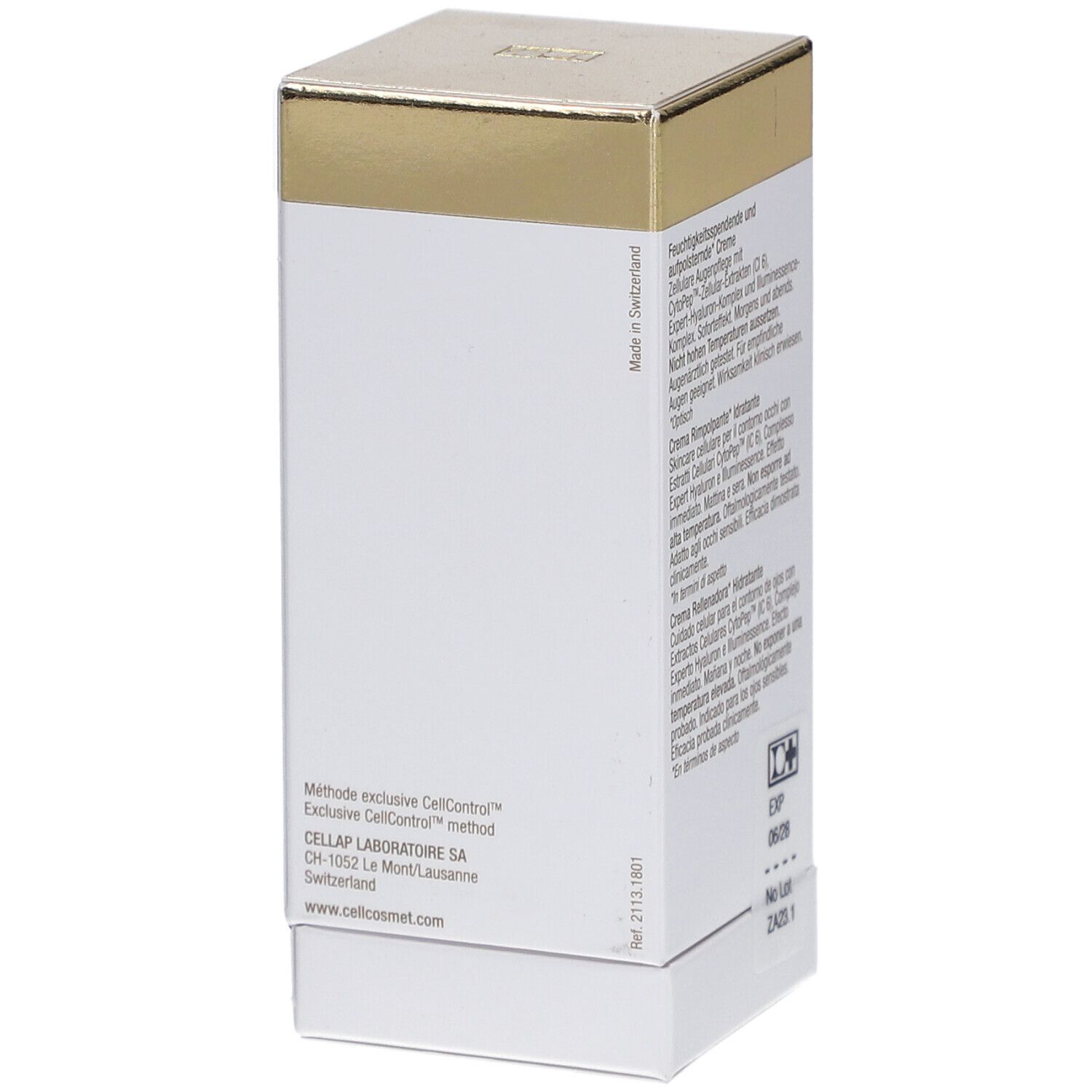 Boîte blanche et dorée. Texte en allemand et français. Inscription: Cellcosmet.