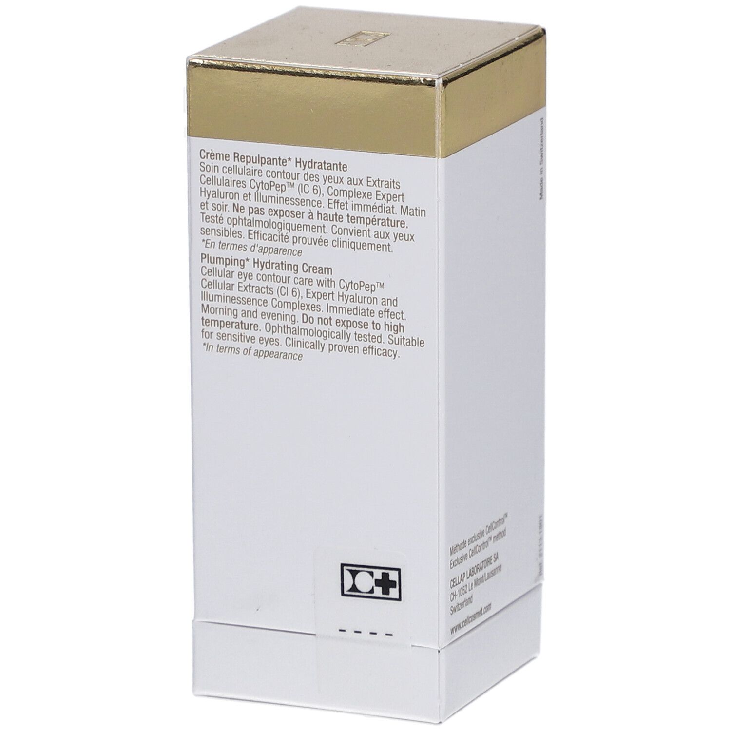 Boîte blanche et dorée. Texte en allemand et anglais. Inscription: Cellcosmet.