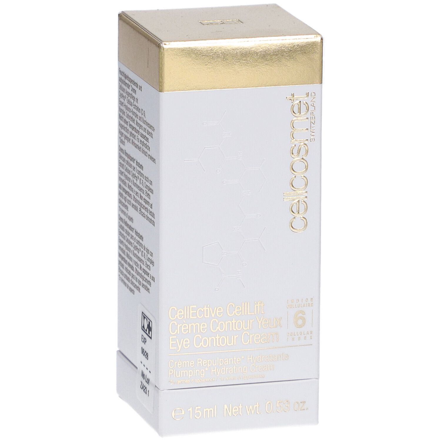 Boîte blanche et dorée. Inscription: Cellcosmet, CellEctive CellLift Crème Contour Yeux Eye Contour Cream.
