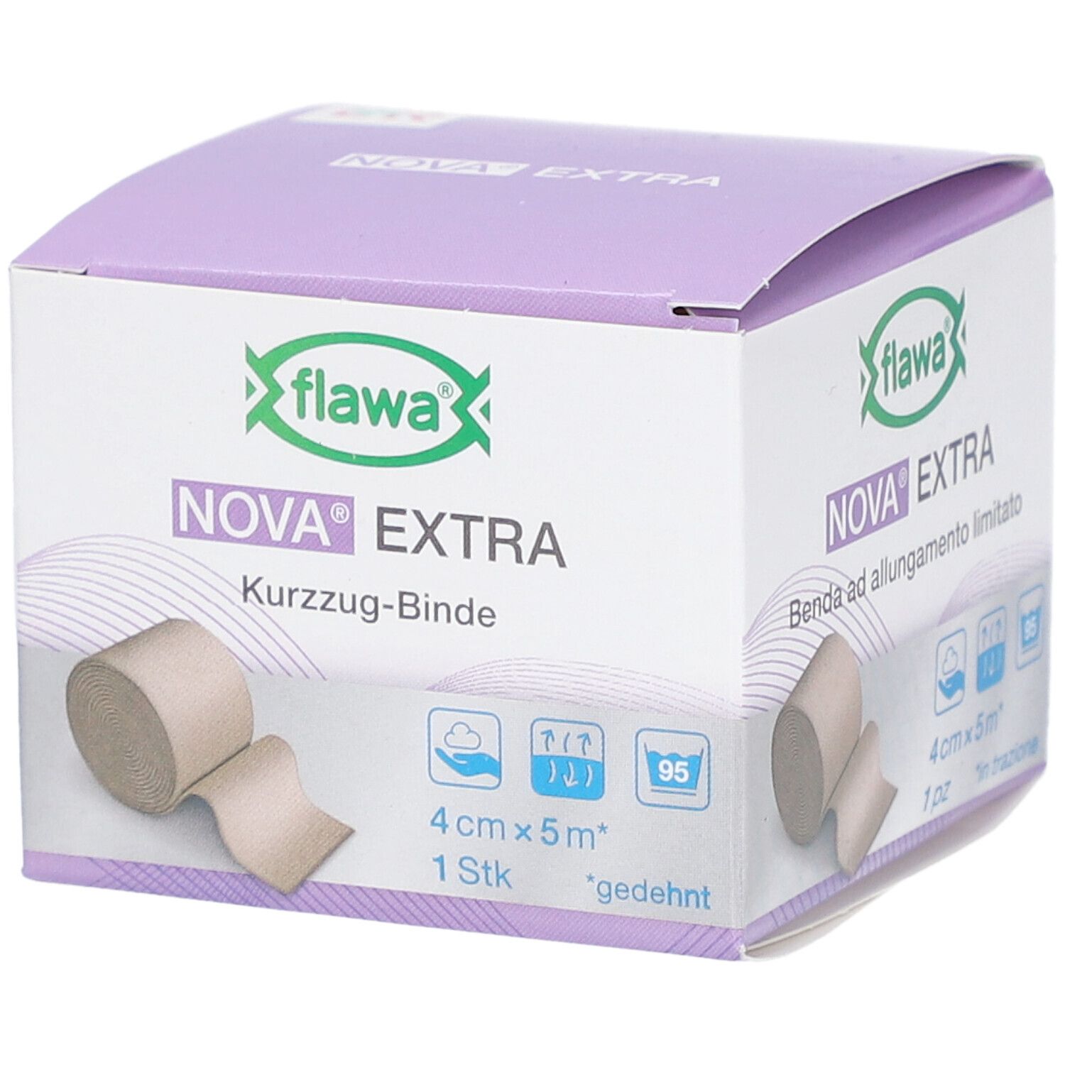 Verpackung von flawa NOVA EXTRA. Kurz-Zug-Binde. 4 cm x 5 m. 1 Stk. Beige Binde auf der Verpackung abgebildet.