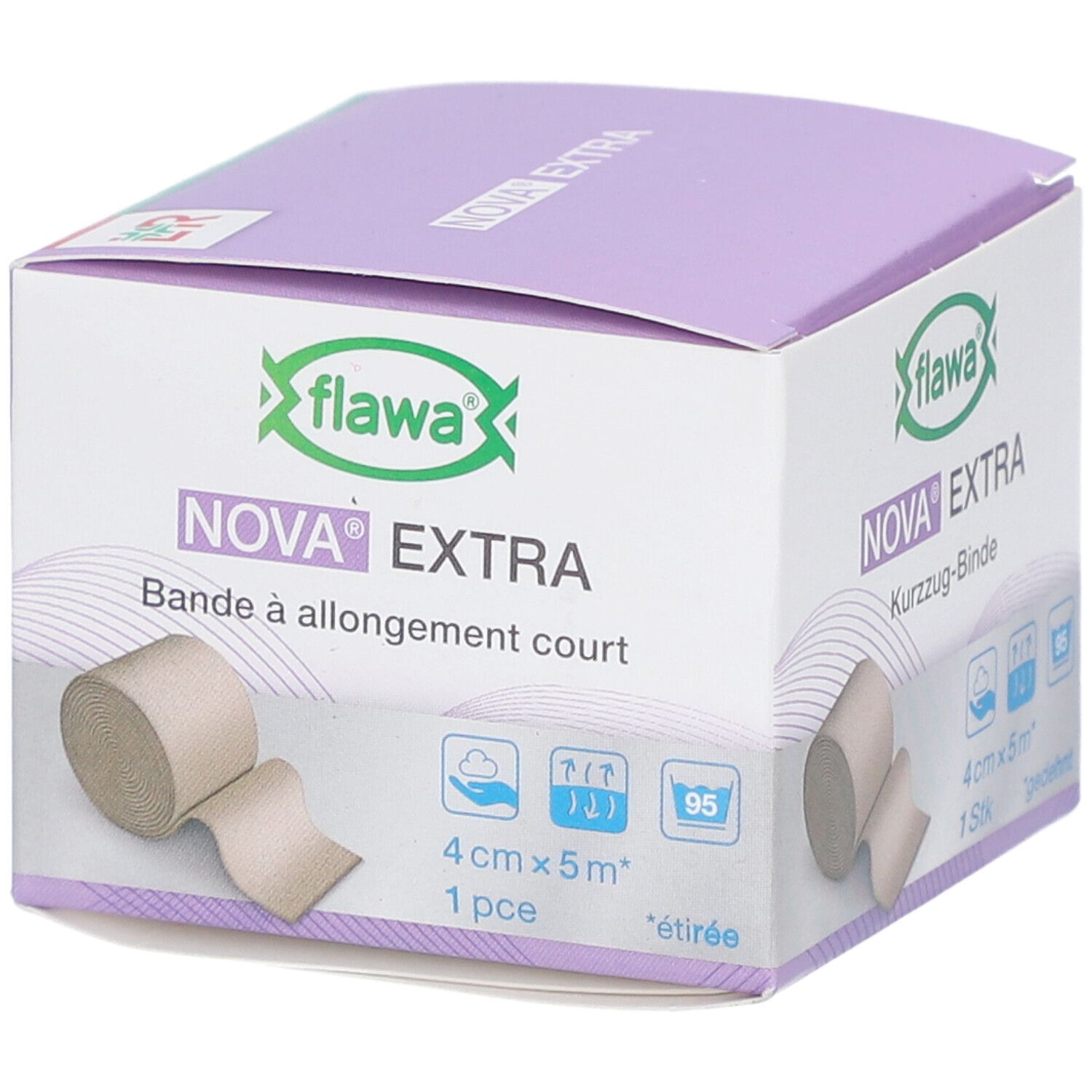 Verpackung von flawa NOVA EXTRA. Kurz-Zug-Binde. 4 cm x 5 m. 1 Stück. Beige Binde auf der Verpackung.