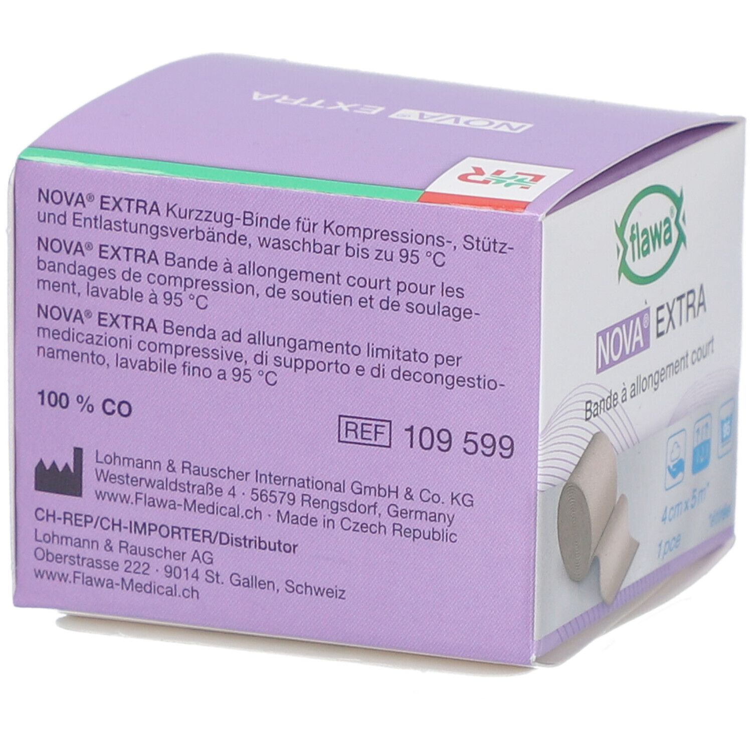 Verpackung von flawa NOVA EXTRA. Rückseite mit Text. 100% CO. Waschbar bis 95°C. Herstellerinformationen.