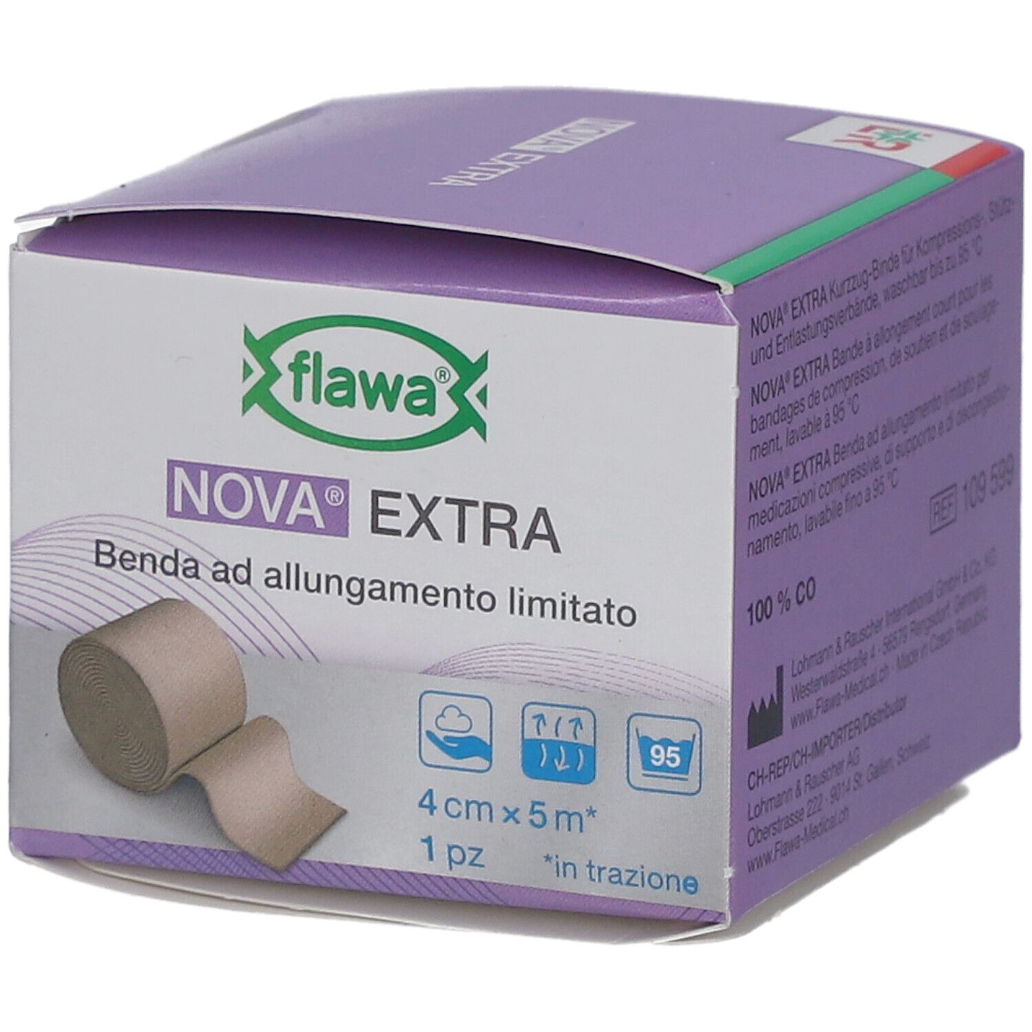 Verpackung von flawa NOVA EXTRA. Benda ad allungamento limitato. 4 cm x 5 m. 1 pz. Beige Binde.