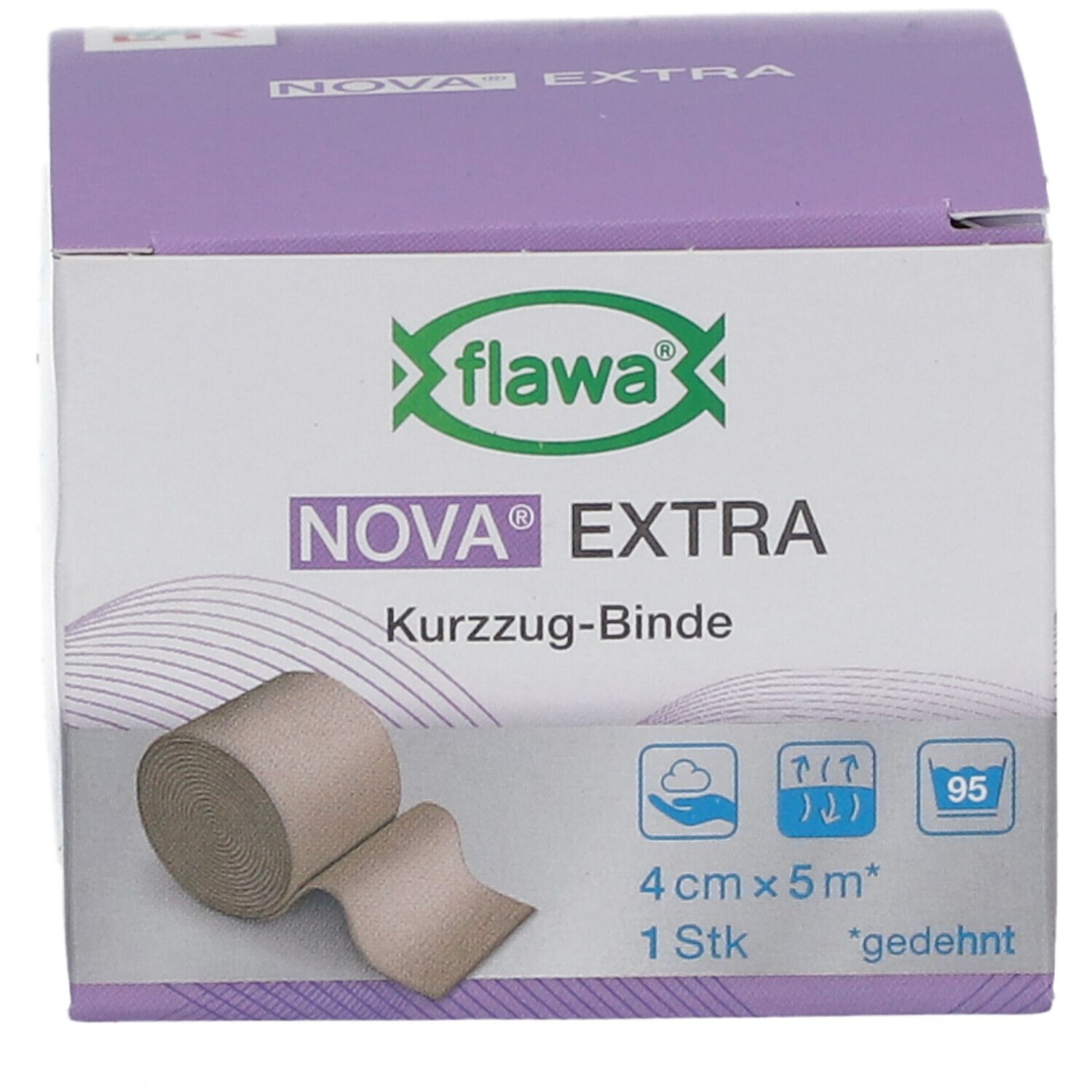 Verpackung von flawa NOVA EXTRA. Kurz-Zug-Binde. 4 cm x 5 m. 1 Stk. Beige Binde.