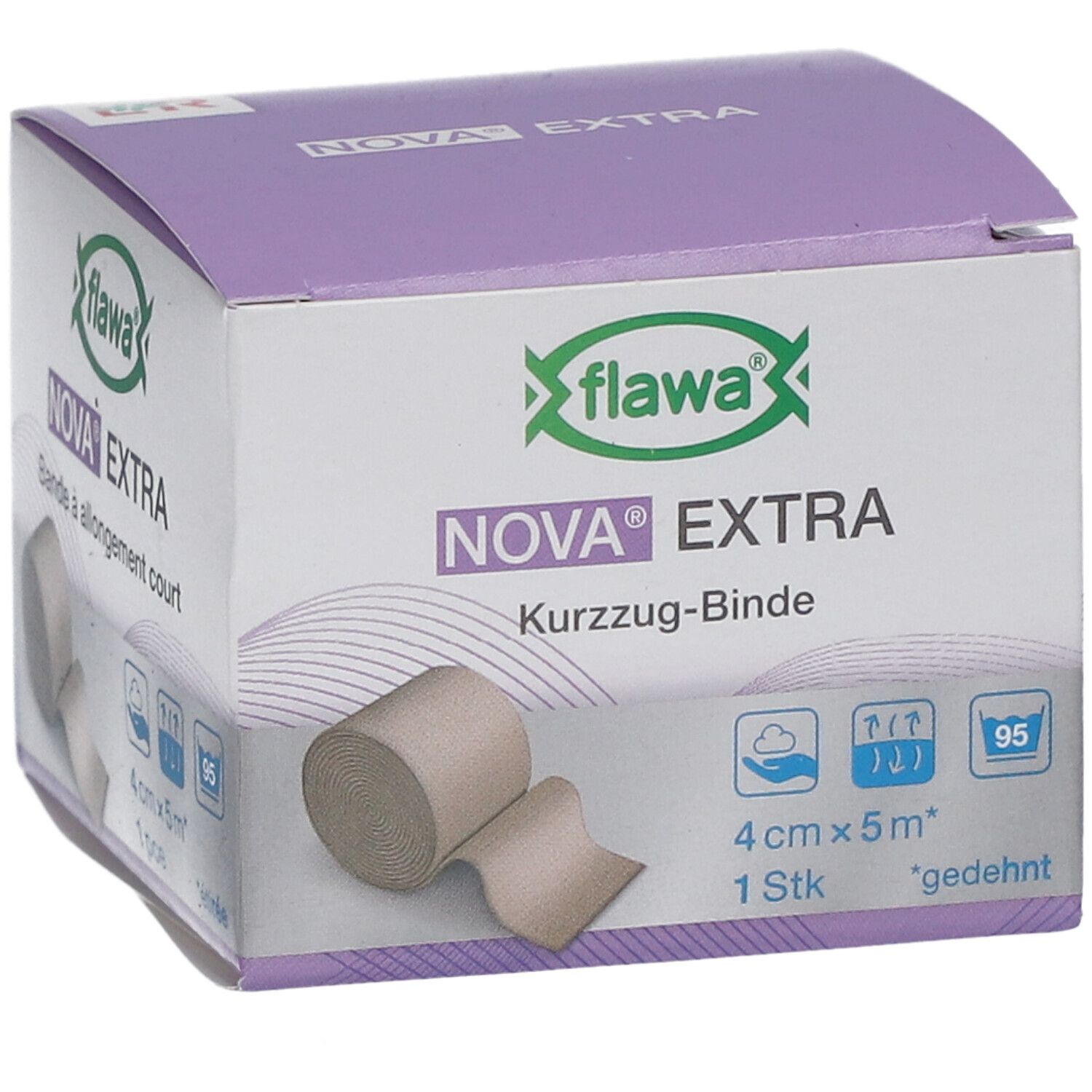 Verpackung von flawa NOVA EXTRA. Kurz-Zug-Binde. 4 cm x 5 m. 1 Stk. Beige Binde.