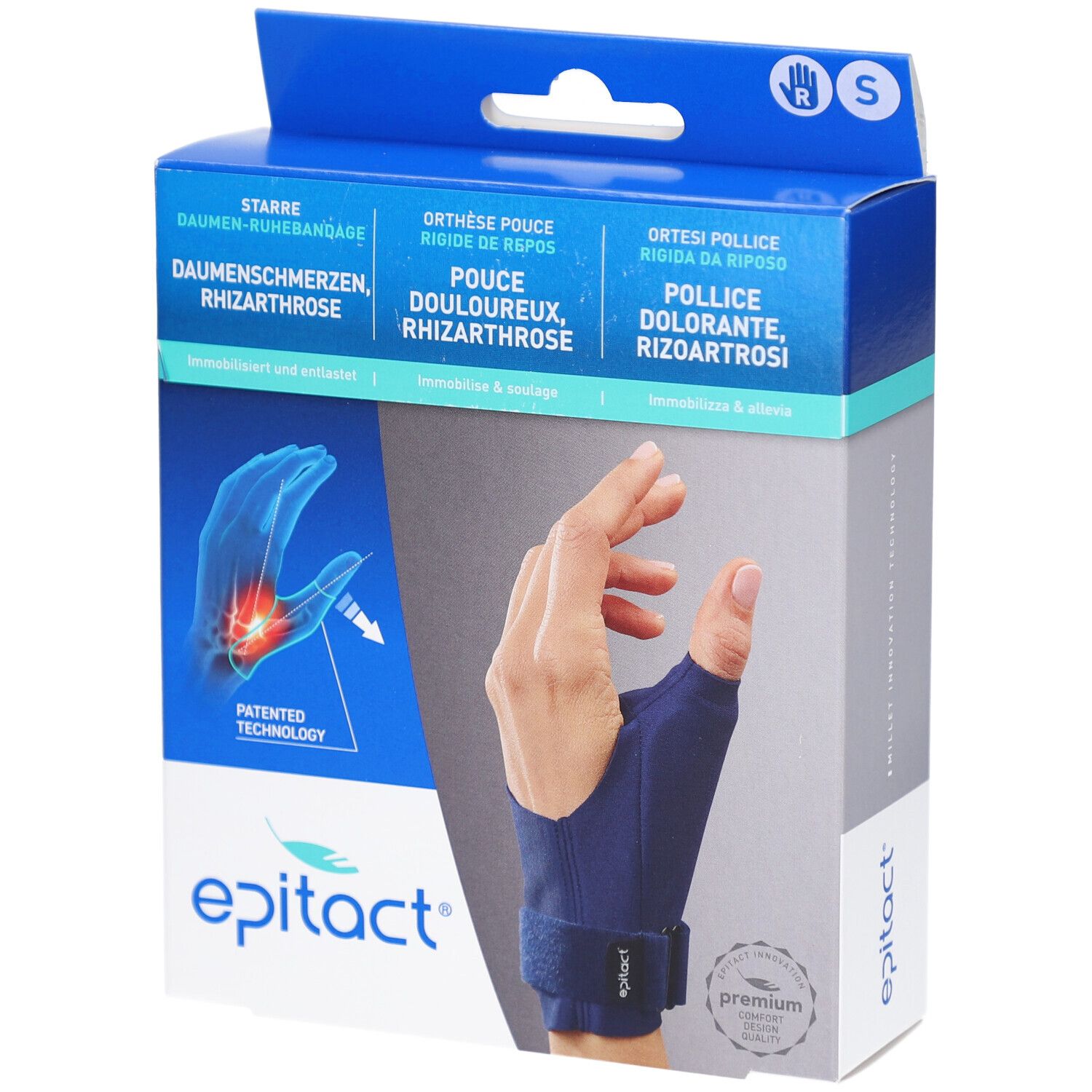 Verpackung der EPITACT Daumen-Ruhebandage S rechts. Blaue Box mit Produktabbildung und Markennamen. Enthält Informationen in mehreren Sprachen.