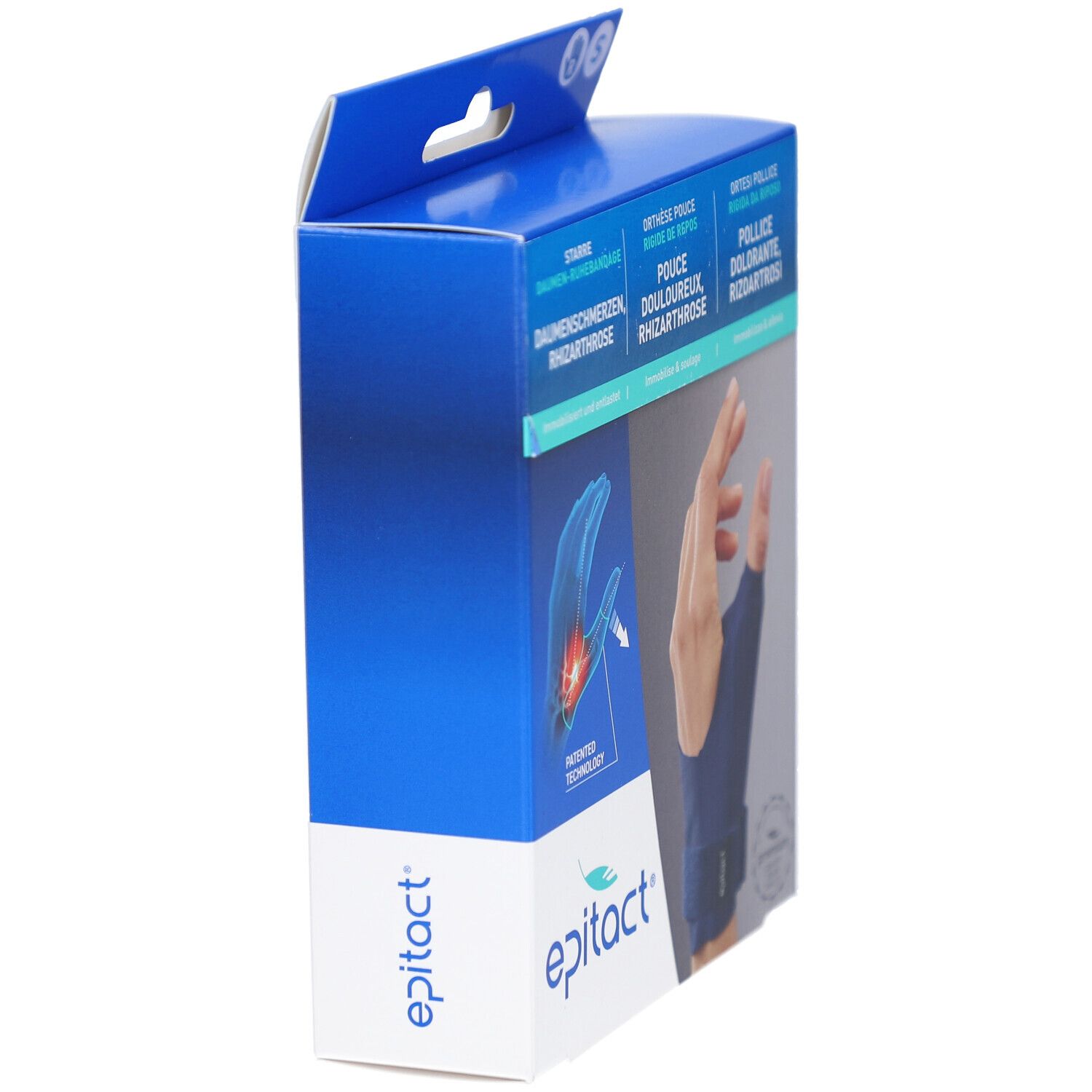 Seitenansicht der EPITACT Daumen-Ruhebandage S rechts Verpackung. Blaue Box mit Produktabbildung und Markennamen.
