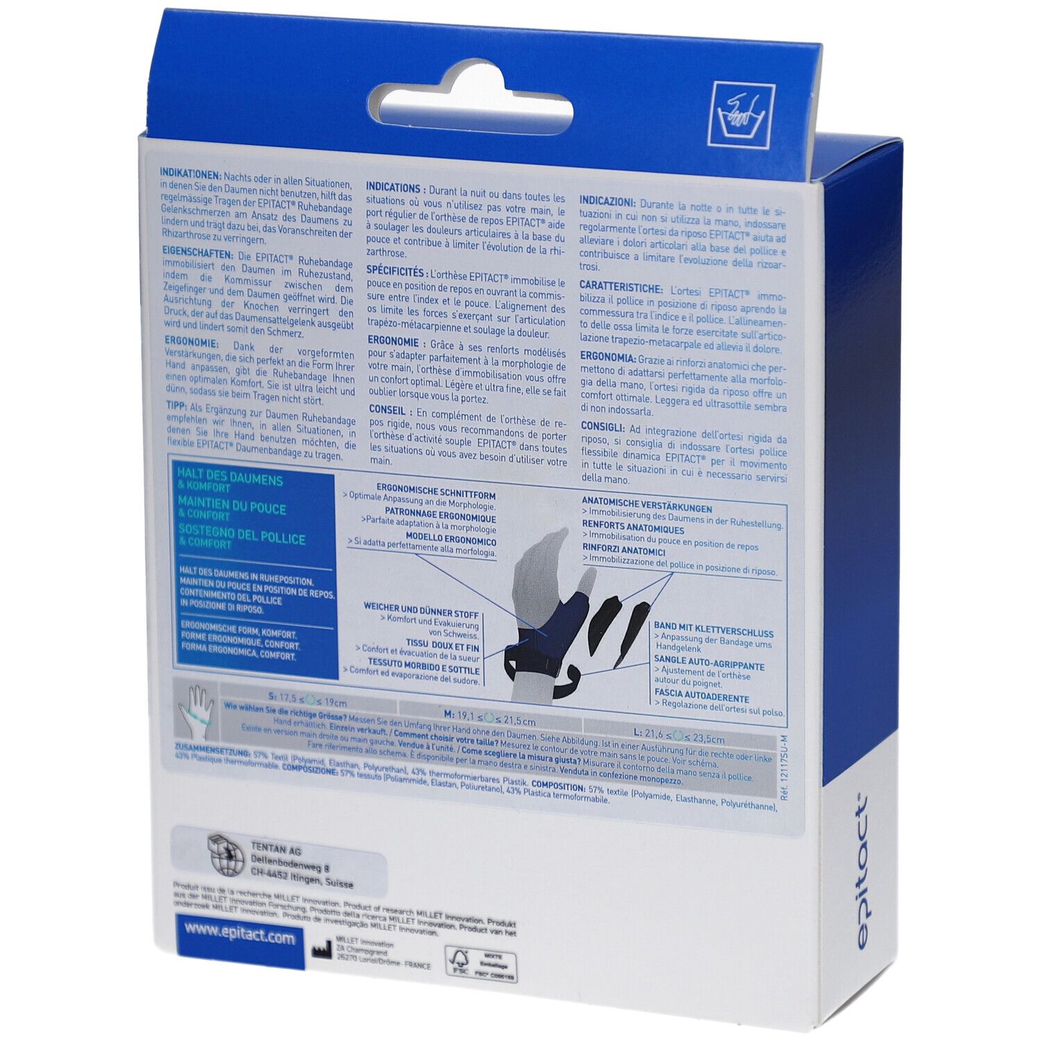 Rückseite der EPITACT Daumen-Ruhebandage S rechts Verpackung. Text in mehreren Sprachen, Produktinformationen und Logo.