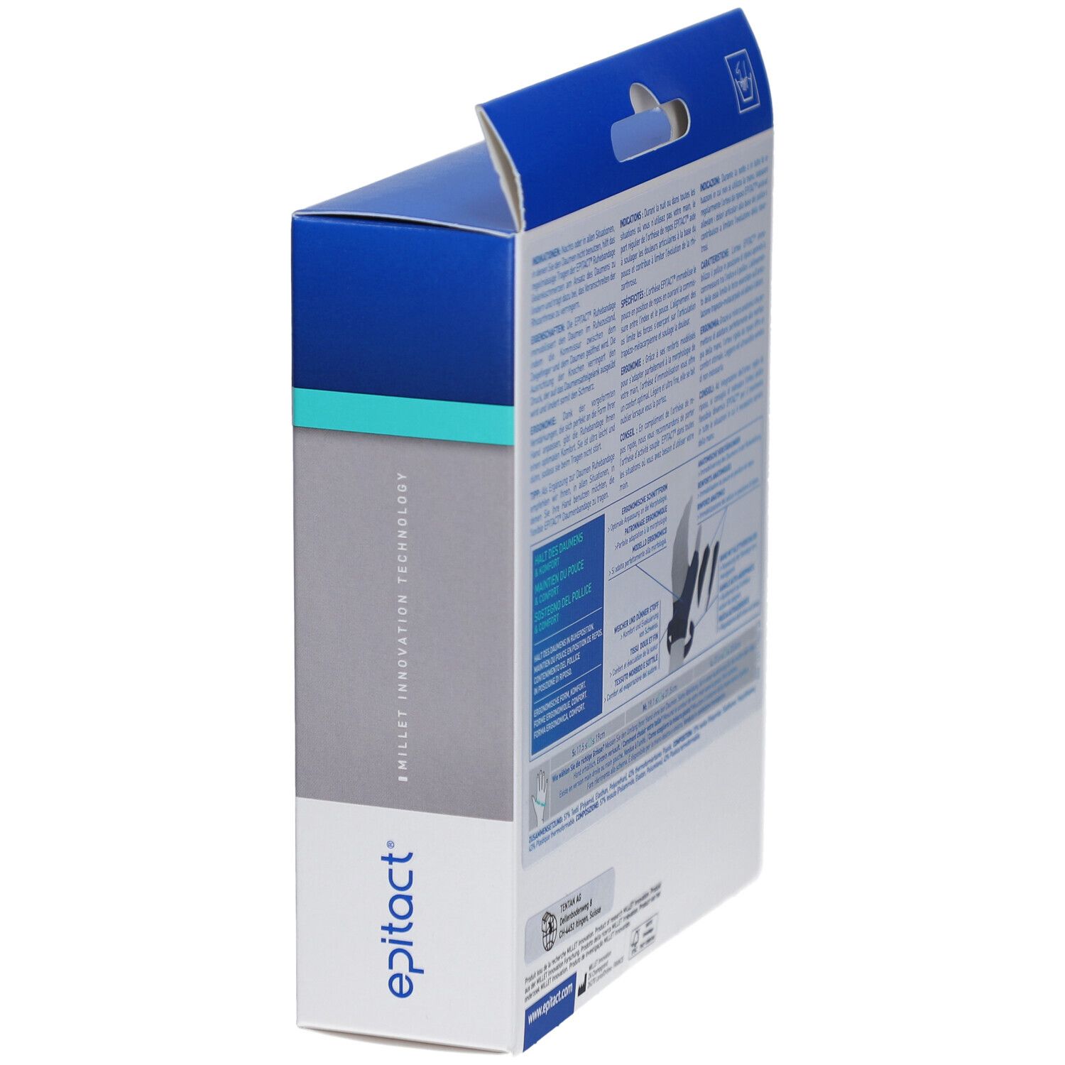 Seitenansicht der EPITACT Daumen-Ruhebandage S rechts Verpackung. Blaue Box mit Produktabbildung und Markennamen.