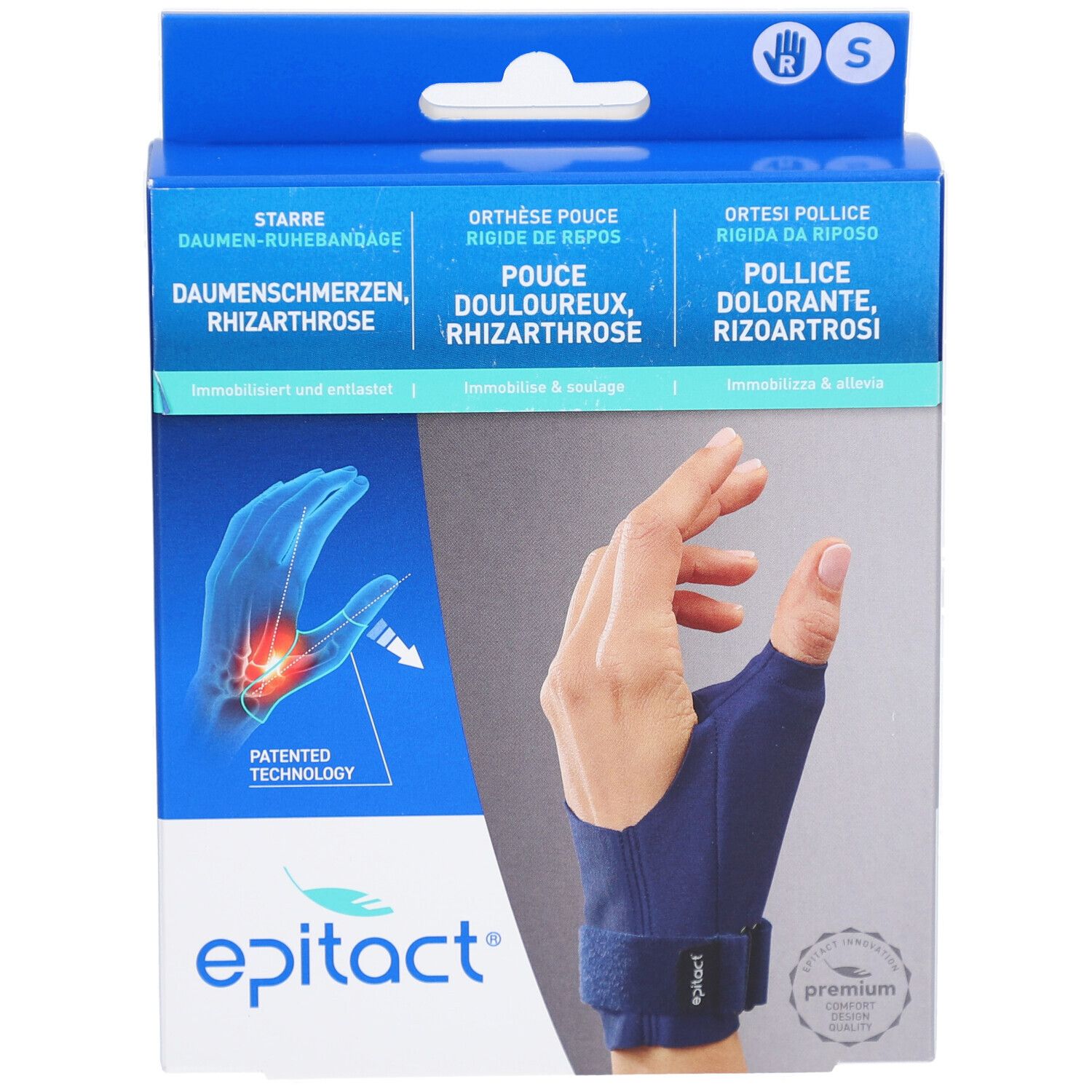 EPITACT Daumen-Ruhebandage S rechts in Verpackung. Blaue Box mit Produktabbildung und Markennamen. Größe S.