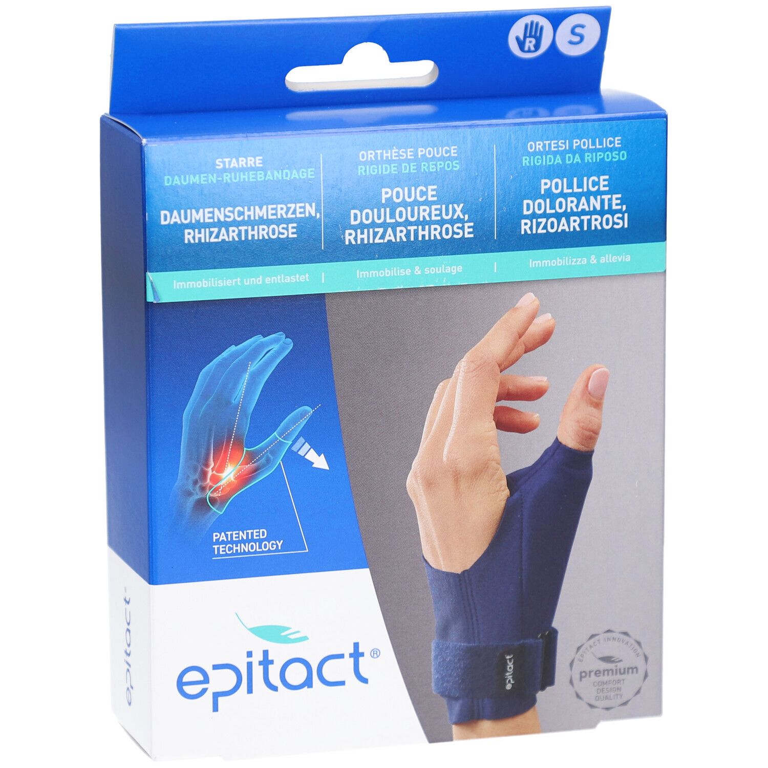EPITACT Daumen-Ruhebandage S rechts in Verpackung. Blaue Box mit Produktabbildung und Markennamen. Größe S.