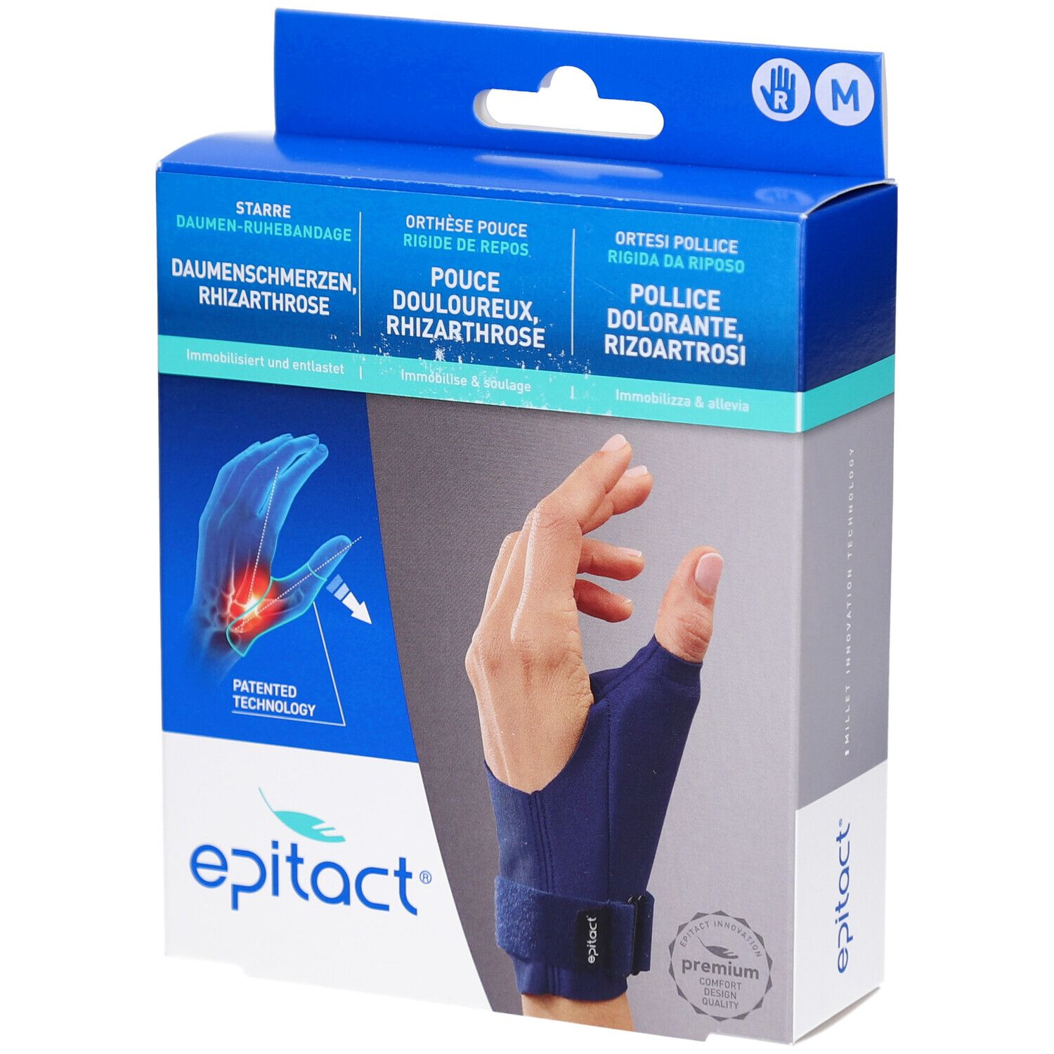 Verpackung der Daumen-Ruhebandage. Blaue Box mit Produktabbildung und Markennamen. Enthält Informationen in Deutsch, Französisch, Italienisch.