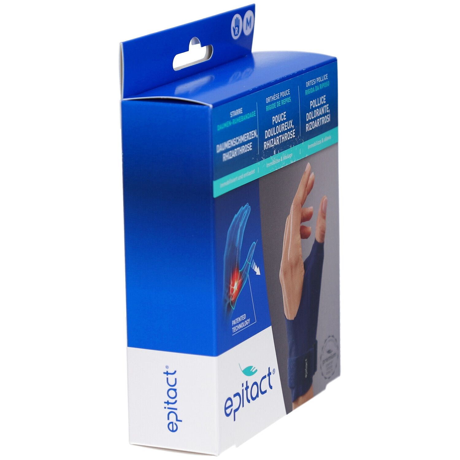 Blaue Produktverpackung, Seitenansicht. Zeigt die Daumenbandage und den Markennamen. Enthält Informationen in Deutsch, Französisch, Italienisch.