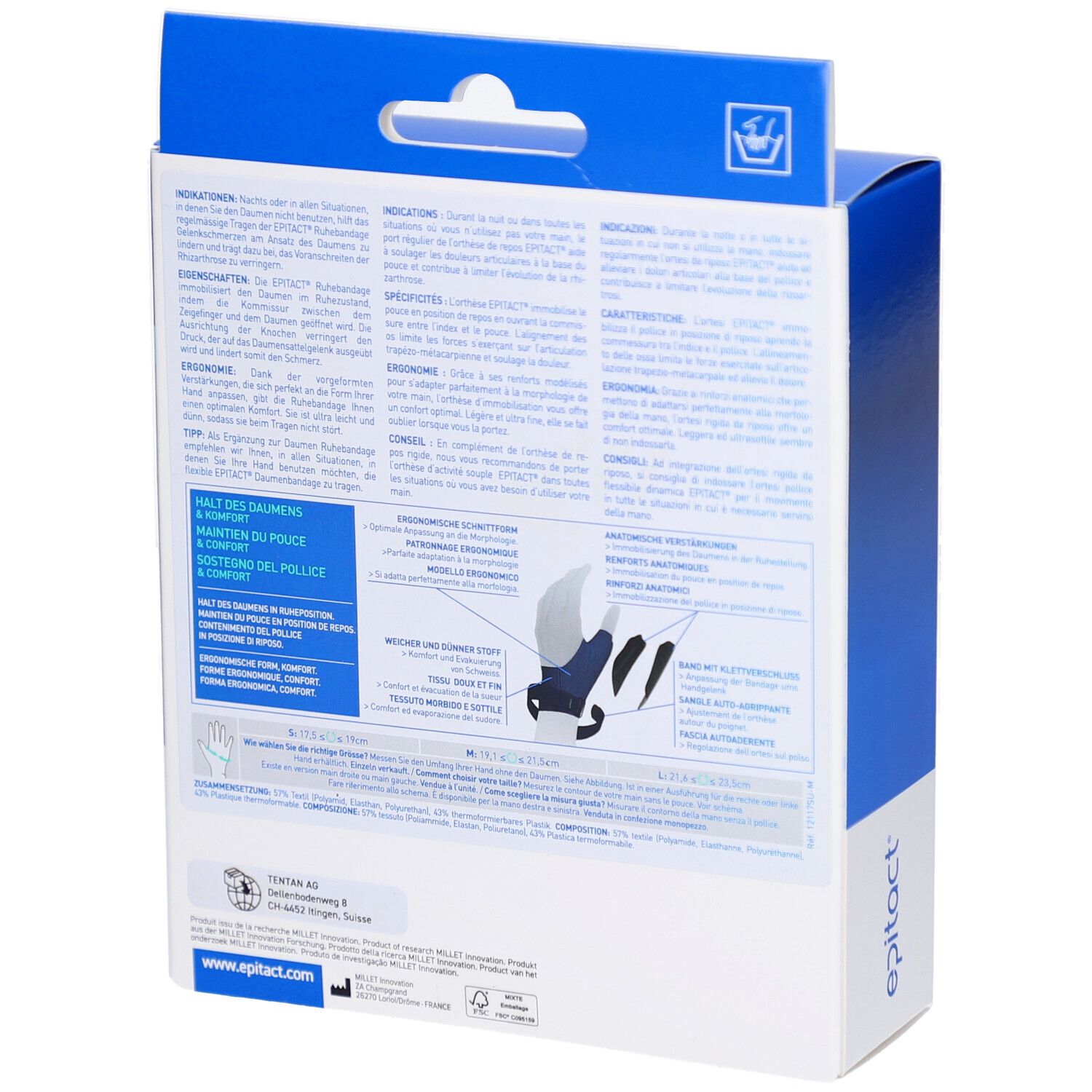 Rückseite der Produktverpackung. Enthält Textinformationen in mehreren Sprachen. Zeigt eine Abbildung der Daumenbandage.