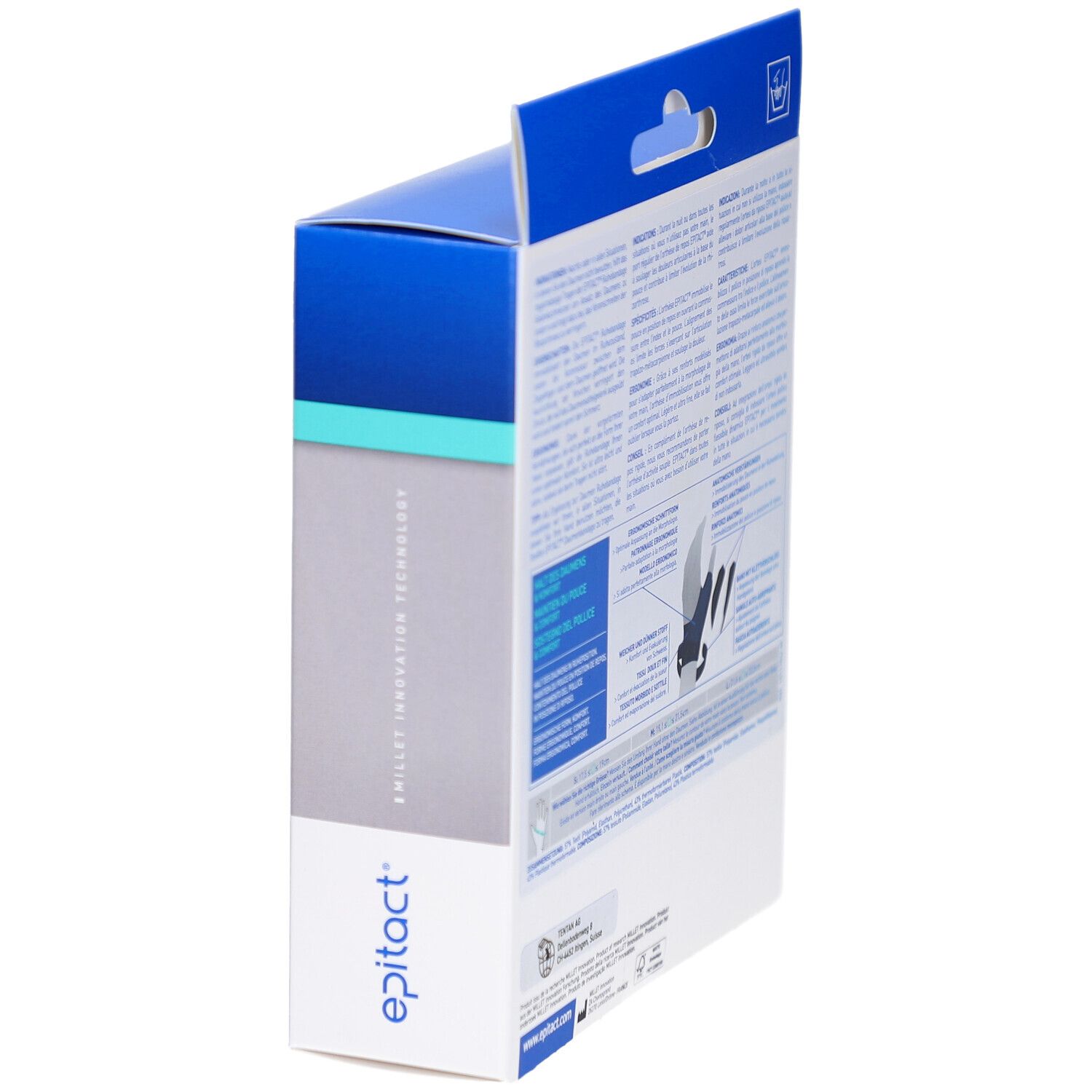 Seitenansicht der Produktverpackung. Enthält Textinformationen und eine Abbildung der Daumenbandage. Markennamen sichtbar.