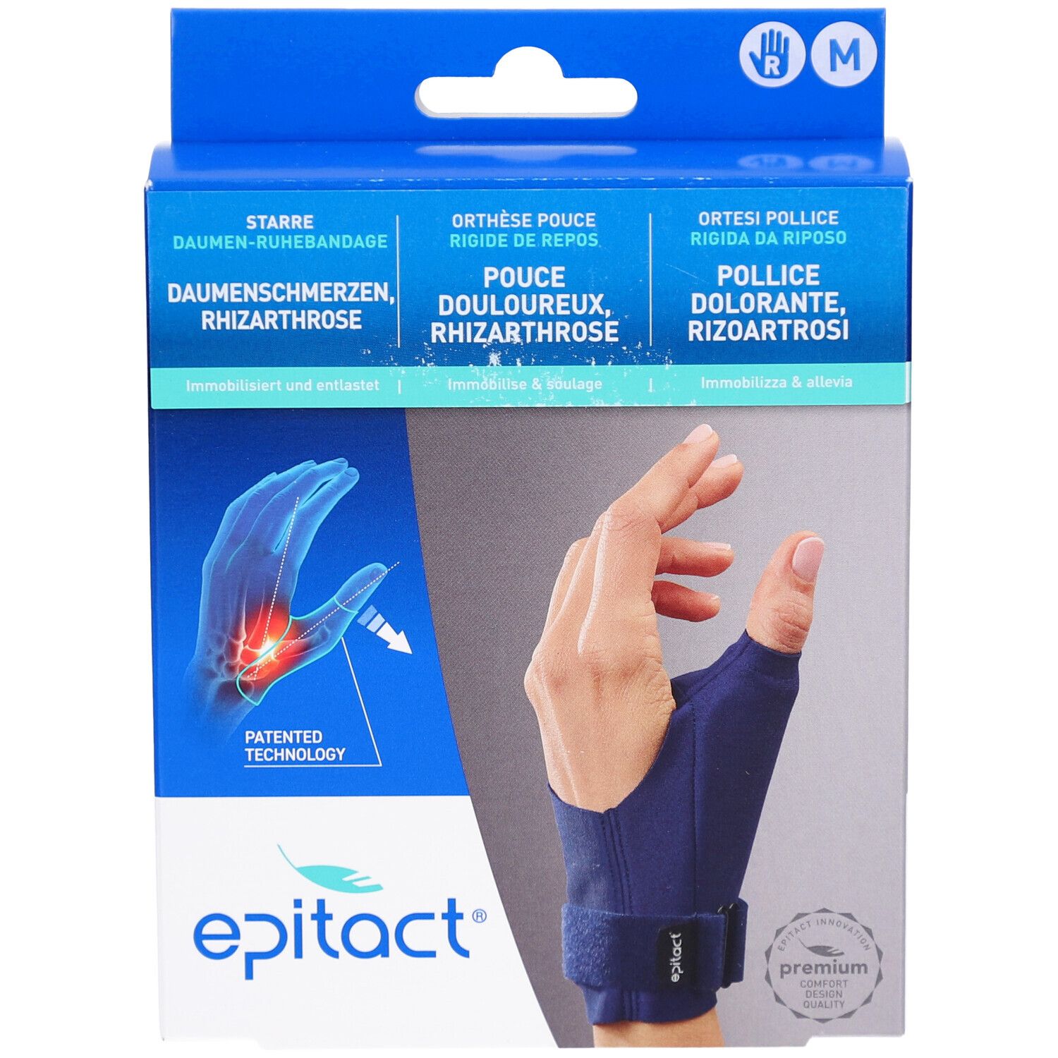 Vorderansicht der Produktverpackung. Zeigt die Daumenbandage in Gebrauch. Enthält Informationen in Deutsch, Französisch, Italienisch.