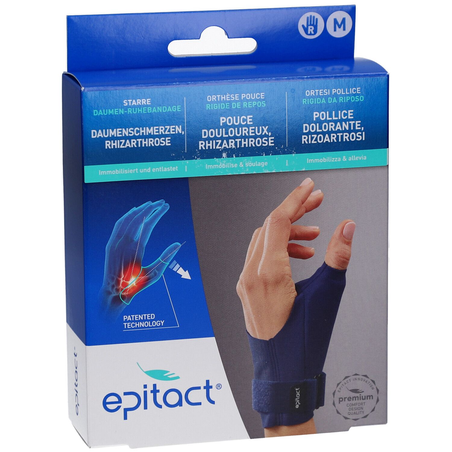 Vorderansicht der Produktverpackung. Zeigt die Daumenbandage in Gebrauch. Enthält Informationen in Deutsch, Französisch, Italienisch.