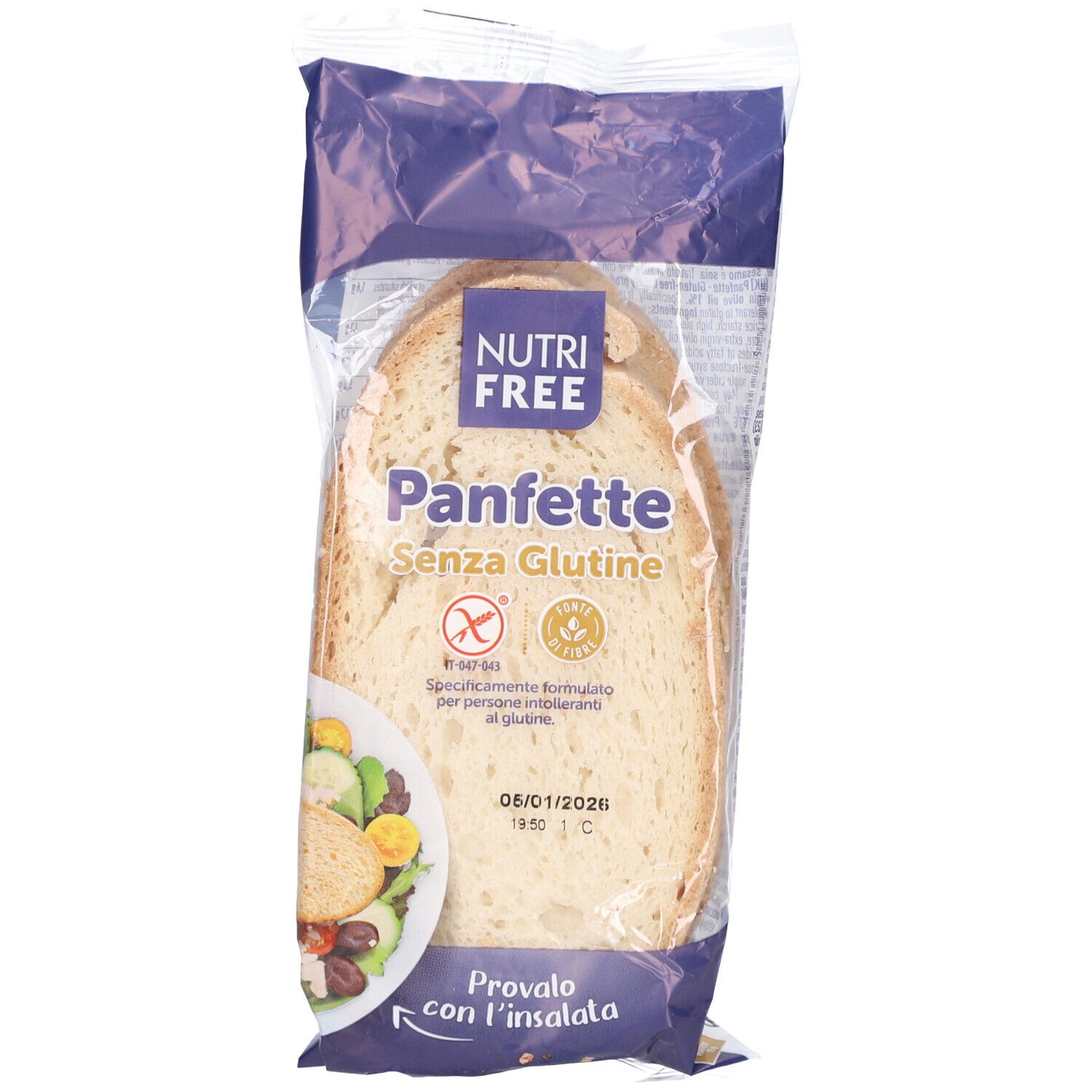 Verpackung mit Brot. Aufschrift: NUTRI FREE Panfette Senza Glutine. Glutenfrei-Siegel. Abbildung eines Salats.