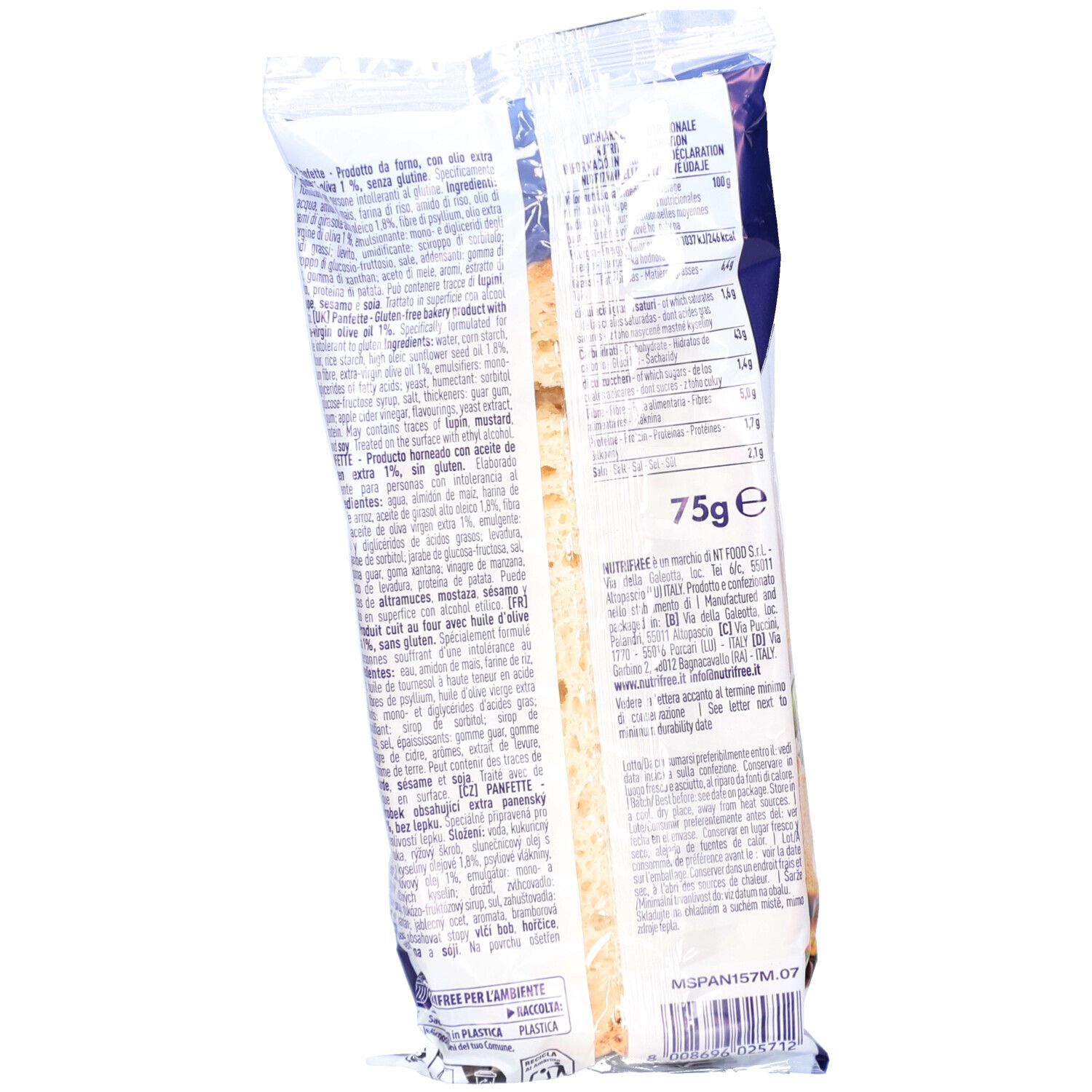 Rückseite der Brotverpackung. Text und Nährwertangaben. Gewicht: 75g. Glutenfrei.