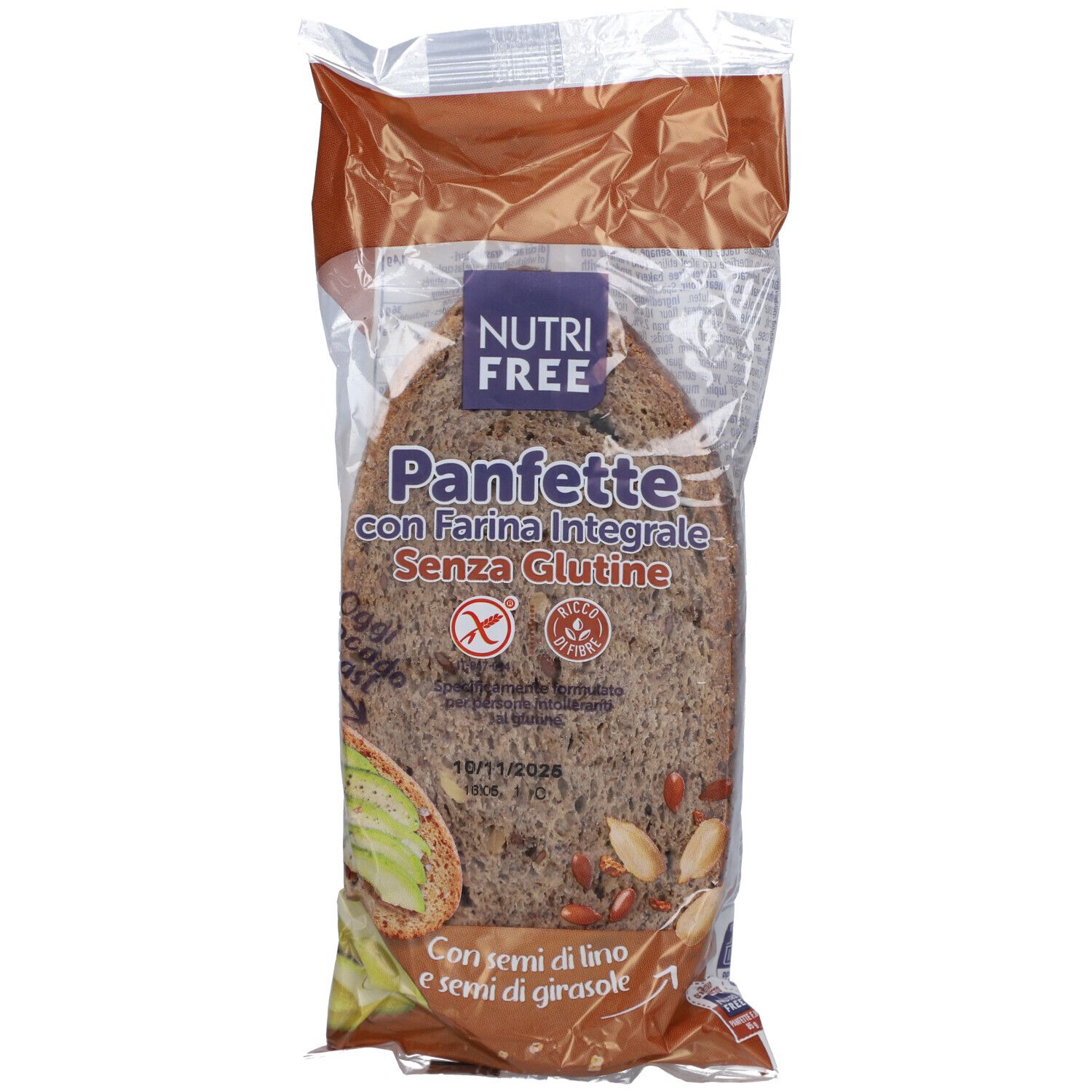 Emballage de pain. Visible : "NUTRI FREE", "Panfette con Farina integrale Senza Glutine". Label sans gluten. Pain aux graines.