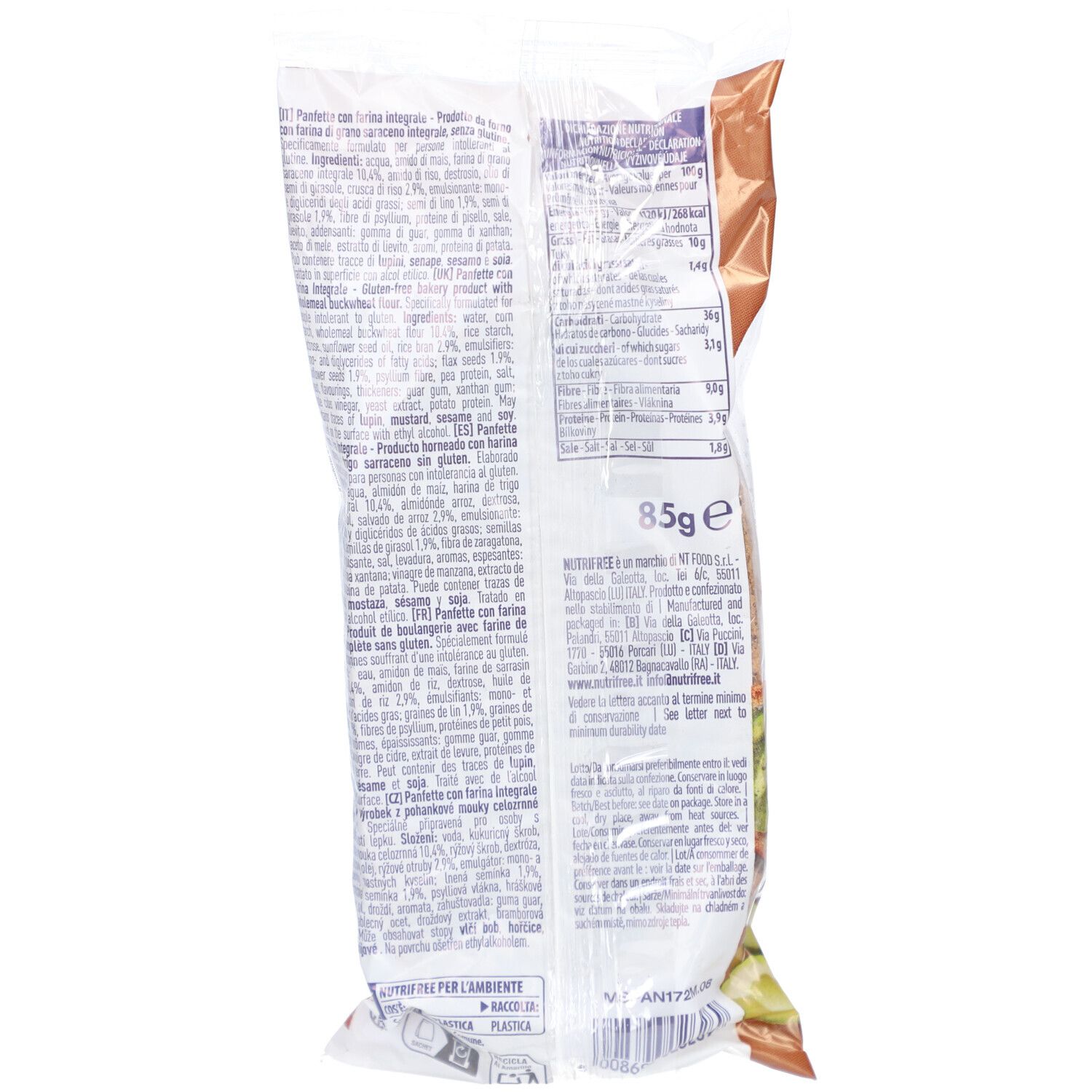 Dos de l'emballage de pain. Texte et informations nutritionnelles. "85g e". Label sans gluten. Liste des ingrédients.